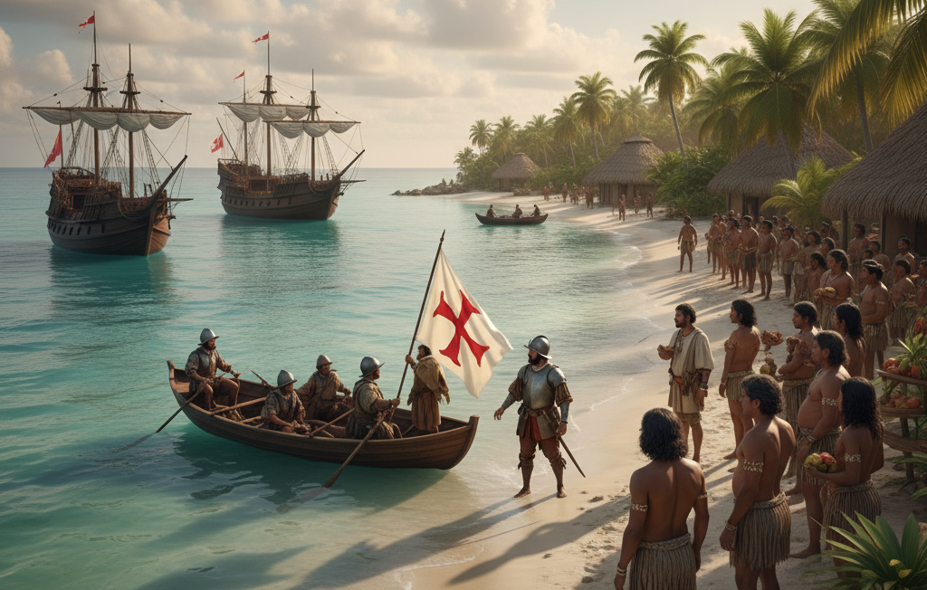 vista de los españoles arrivando a una costa de america con pobladores originarios americanos