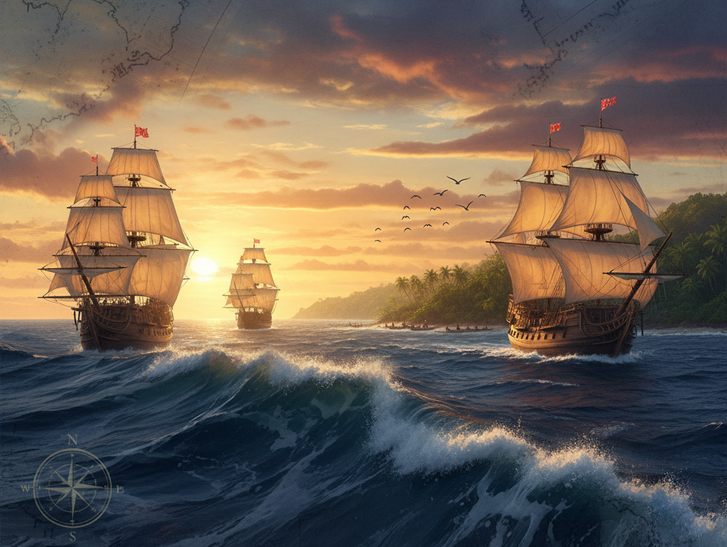 vista de las tres carabelas en mar abierto