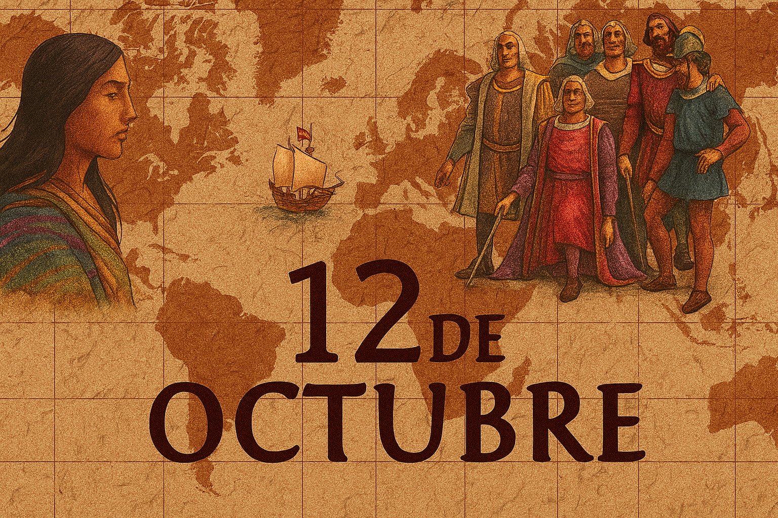  mapa mundi con ilustraciones de españoles, barco y poblador americano sobre el fondo con 12 DE OCTUBRE en grande.