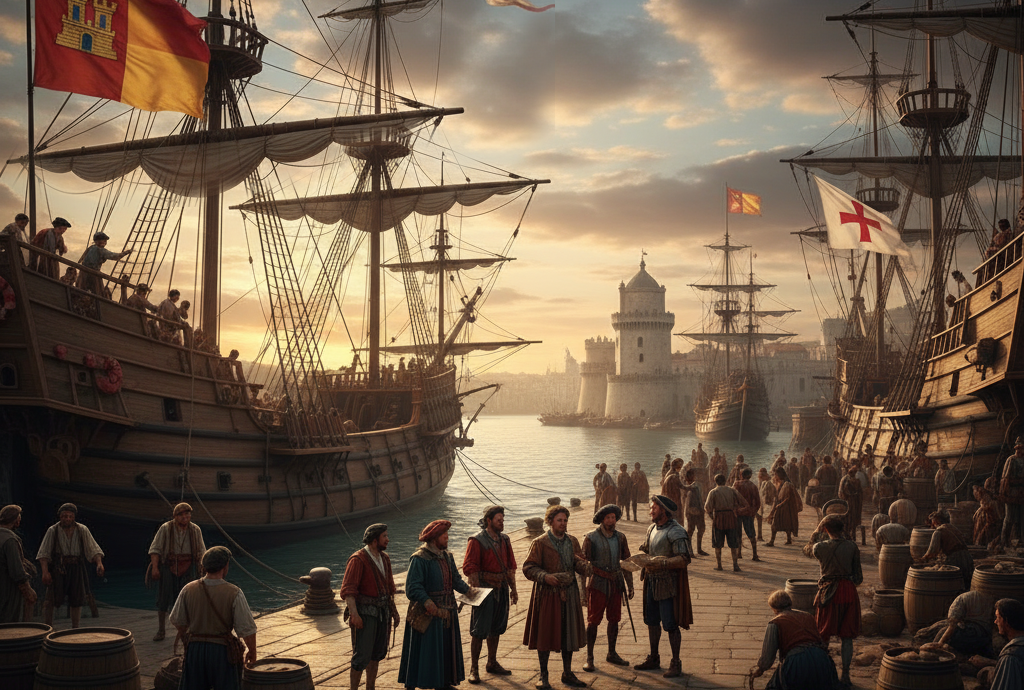 Puerto español con carabelas y grupos de español por partir