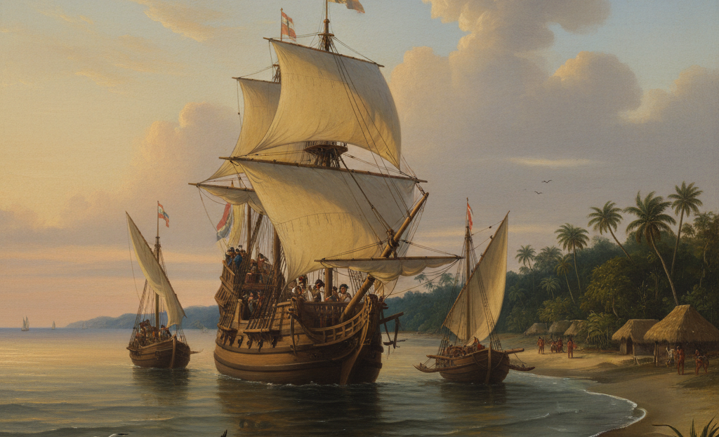 carabelas españolas llegando a las costas de América