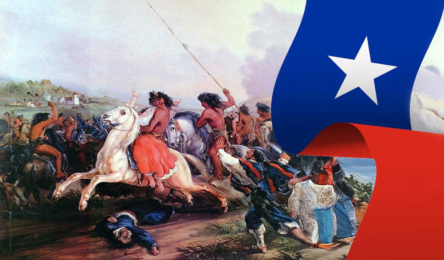 pintura de la caída de Pedro de Valdivia frente a los Mapuches con listón de la bandera chilena