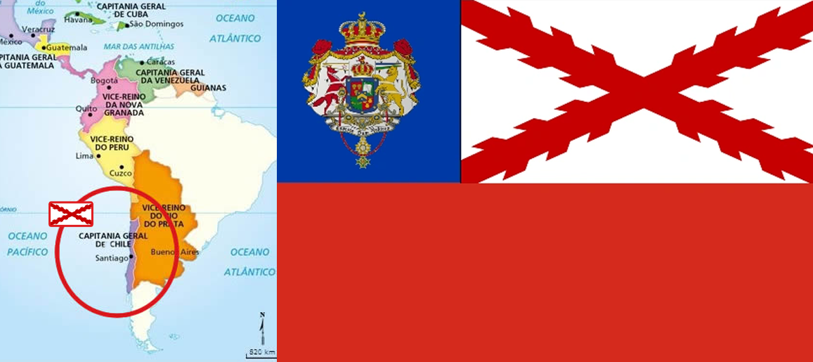 mapa con la vista del virreinato en Chile junto a la bandera española chilena de época