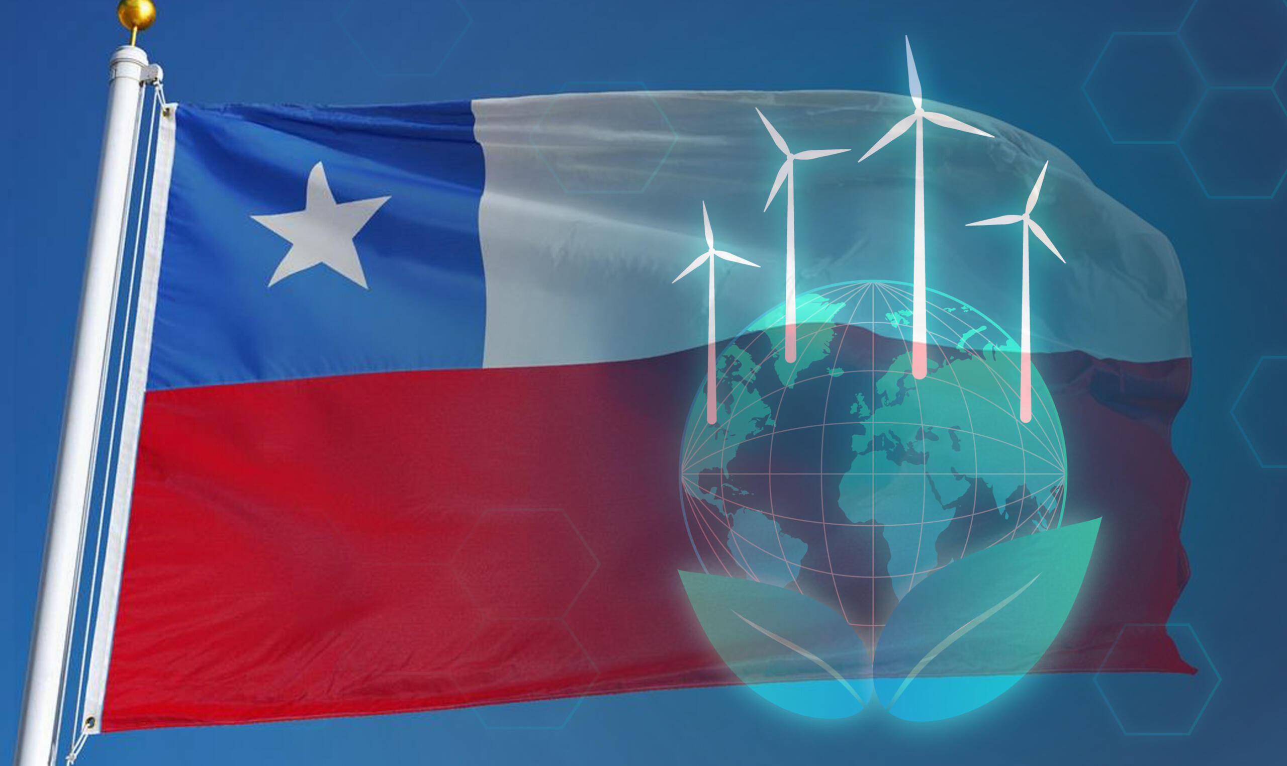 collage de la bandera de chile con los iconos del mundo y las fuentes de energia eólica sobre este