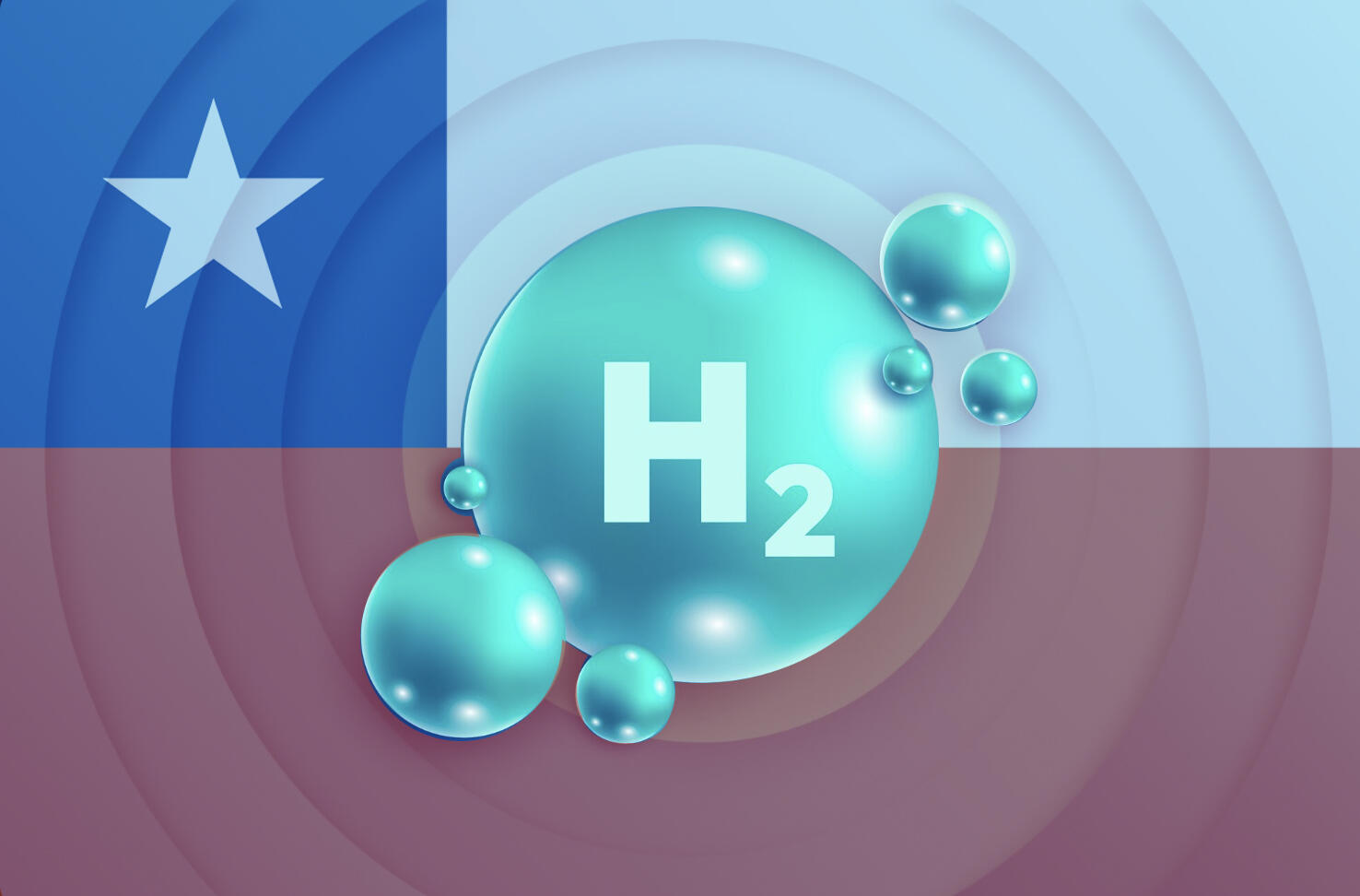 collage de molecula de hidrogeno verde H2 con fondo de bandera de chile