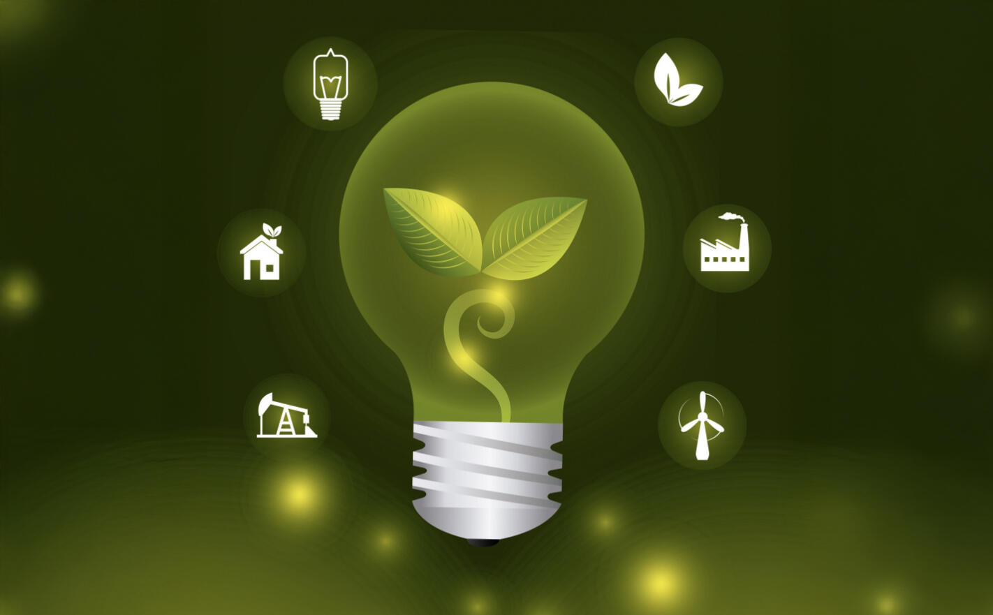 ilustracion con un foco verde de energia ecologica con 6 iconos alrededor de los posibles campos de su aplicacion