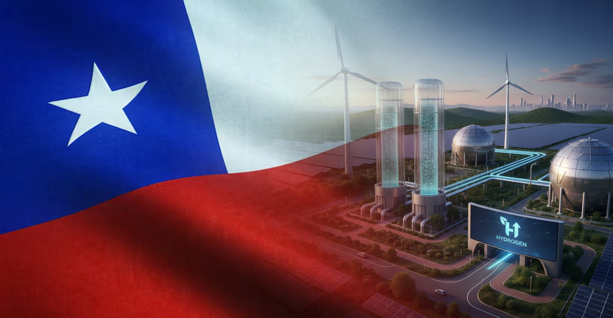 se ve un collage de una bandera de Chile con un escenario futurista de una planta de hidrógeno verde muy moderno