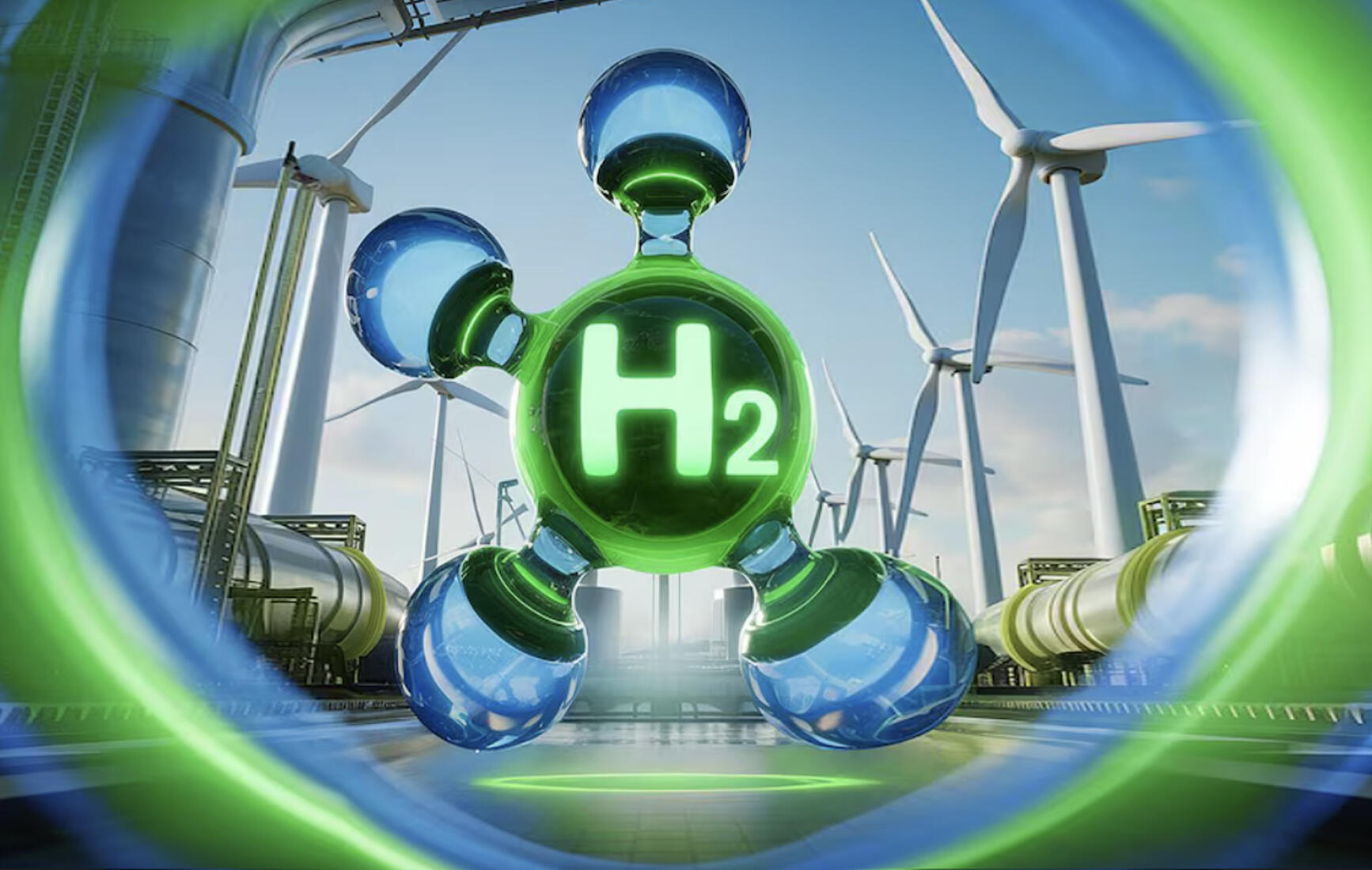 una molecula tridimensional gigante de hidrogeno en medio de una planta de energía sostenible