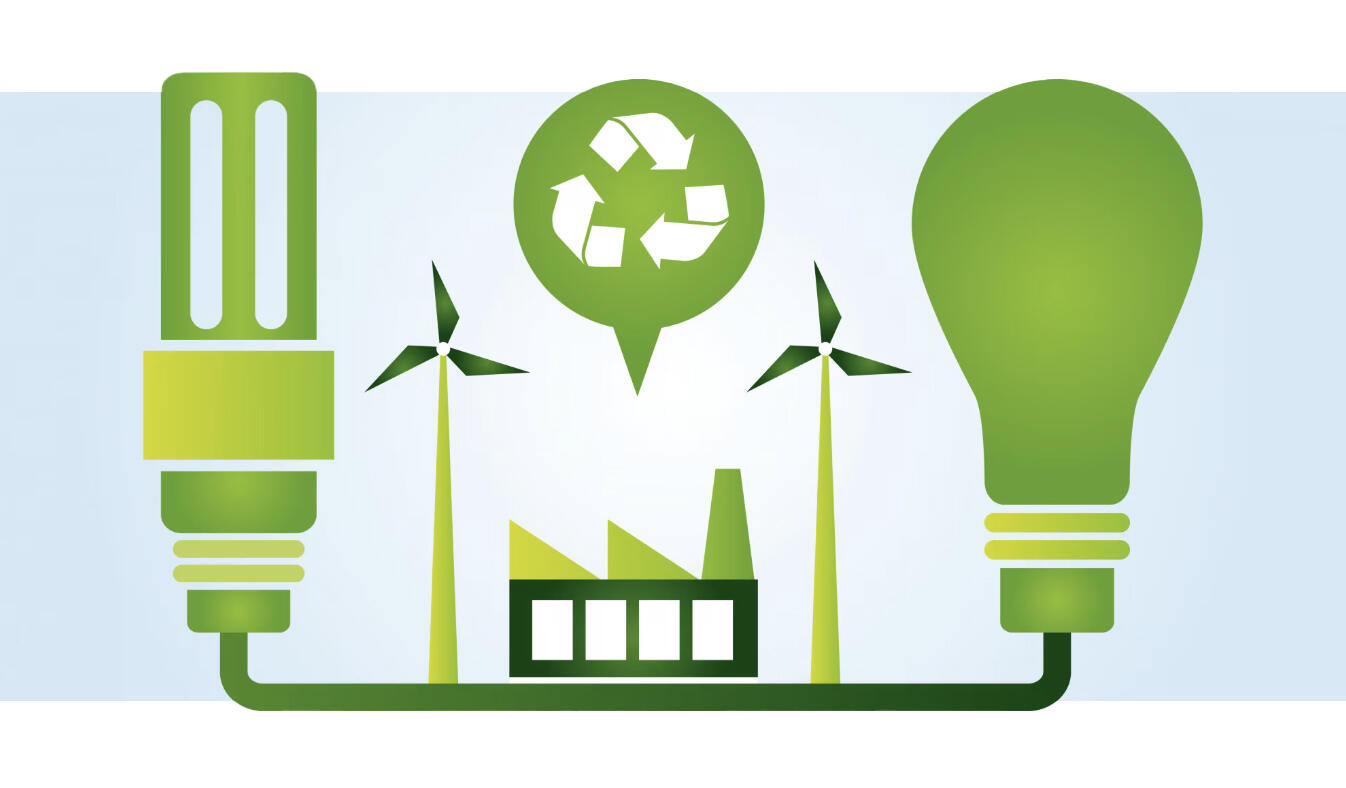 iconografía que representa la energia sostenible con una planta, foco, energia eólica en visual