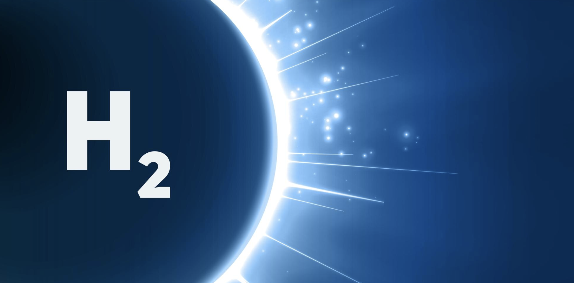 texto H2 en una especie de molecula azul con brillos iluminando su contorno