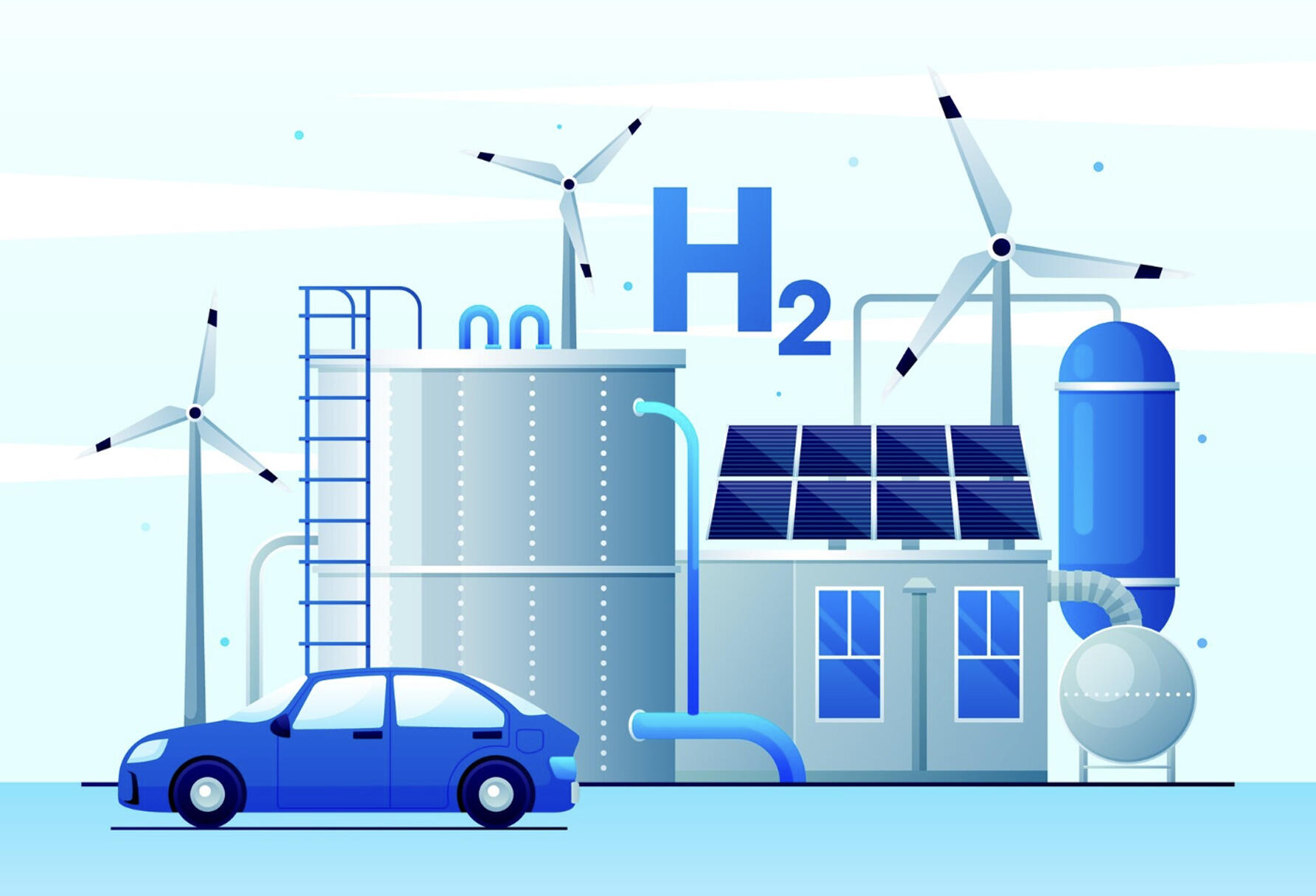ilustracion de energia verde con planta, auto, tanques y paneles con el texto H2 del hidrógeno
