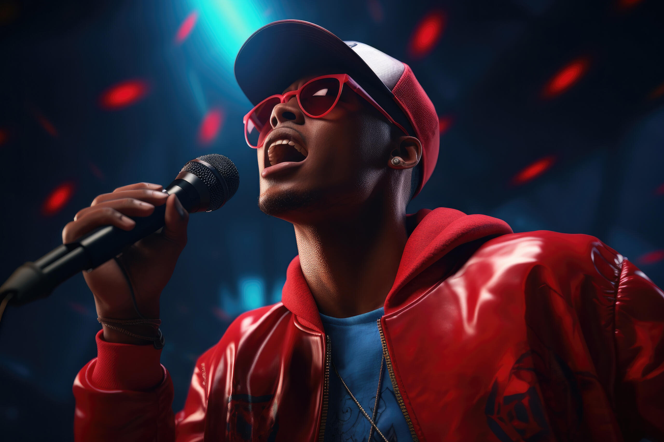 cantante urbano sosteniendo un microfono con sus lentes y chaqueta roja sobre el escenario