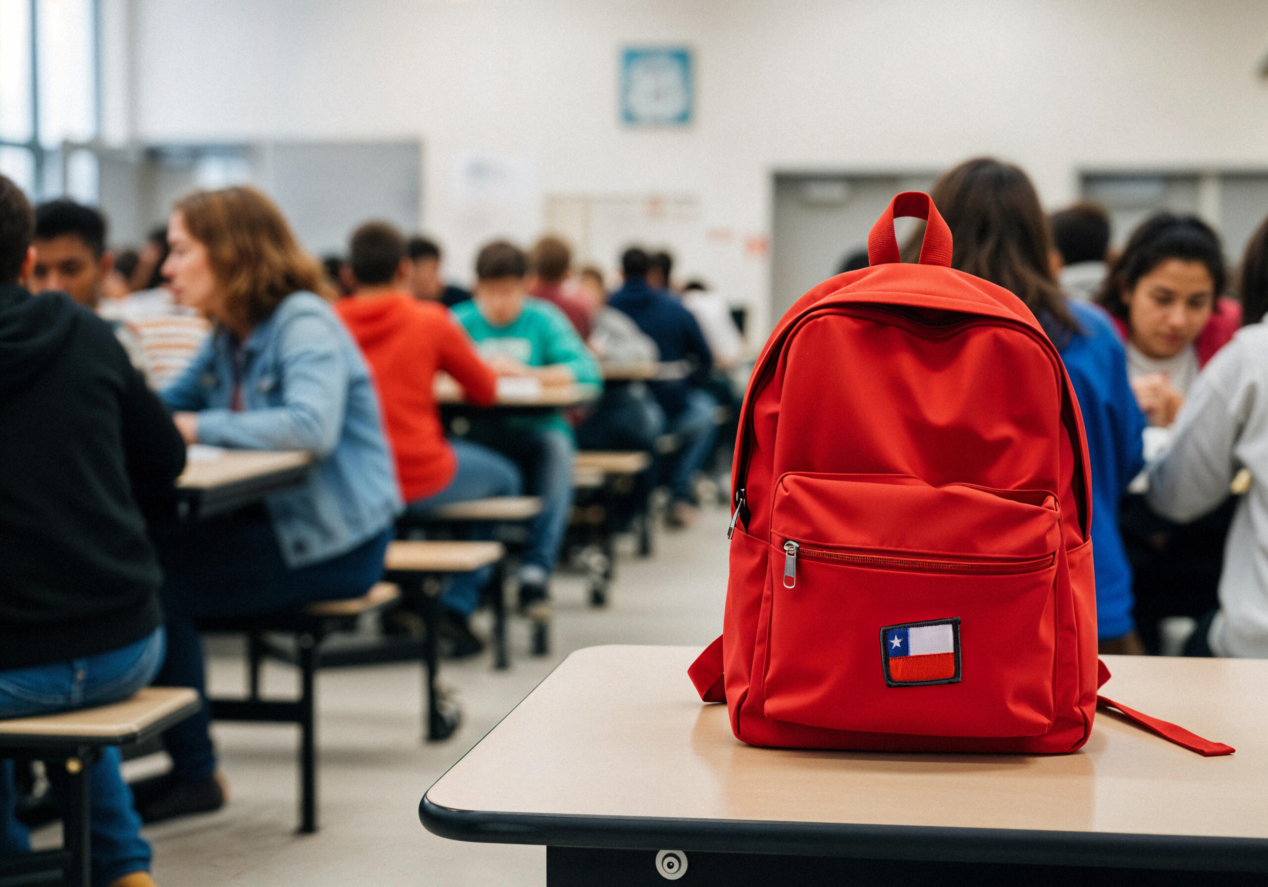 mochila con un parche de bandera chilena en primer plano sobre una mesa de comedor escolar con varios estudiantes de fondo.