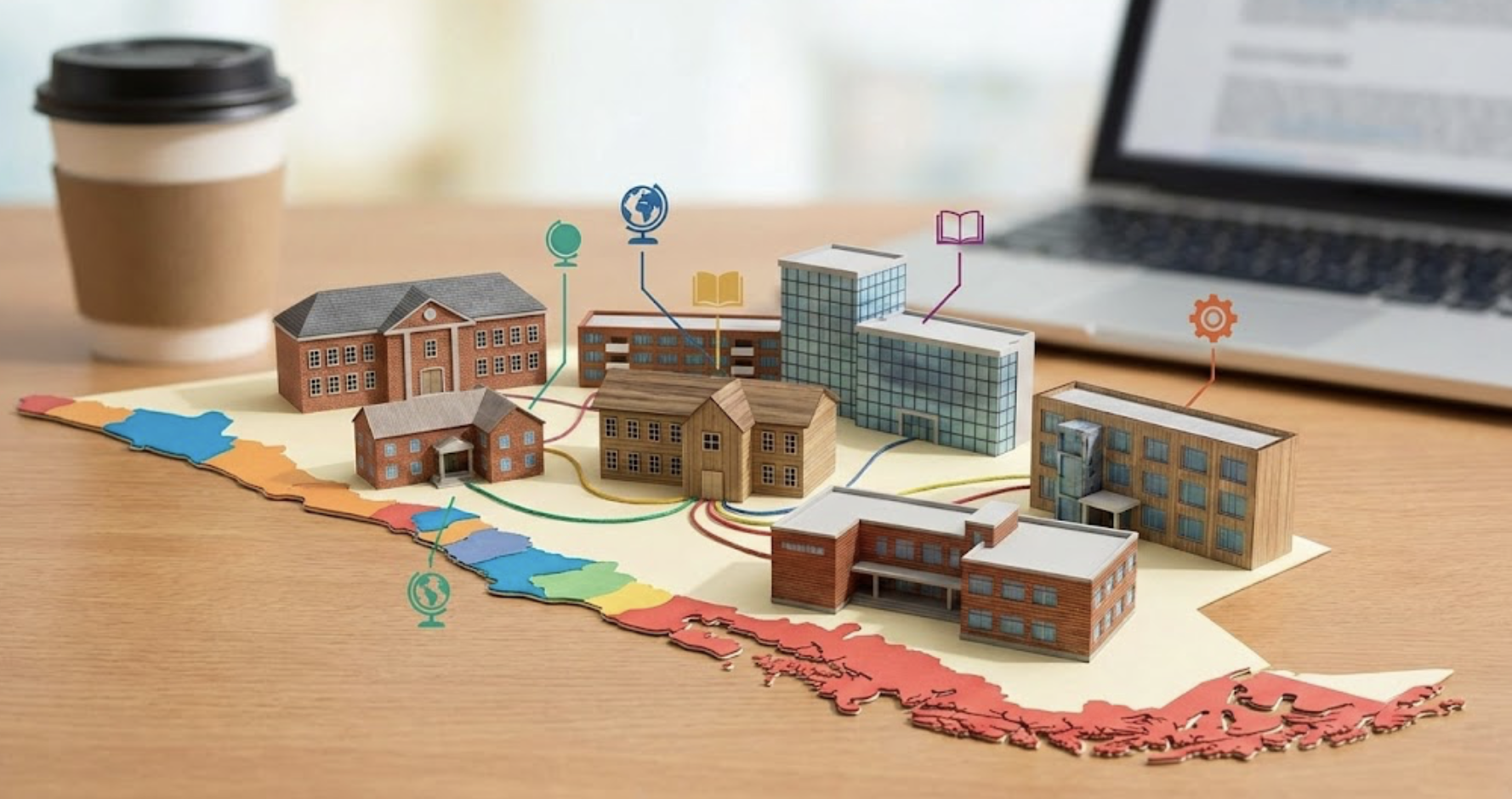 mapa de chile sobre una mesa con maquetas de colegios diferentes junto a iconitos flotantes de educación, mundo y una tuerquita.