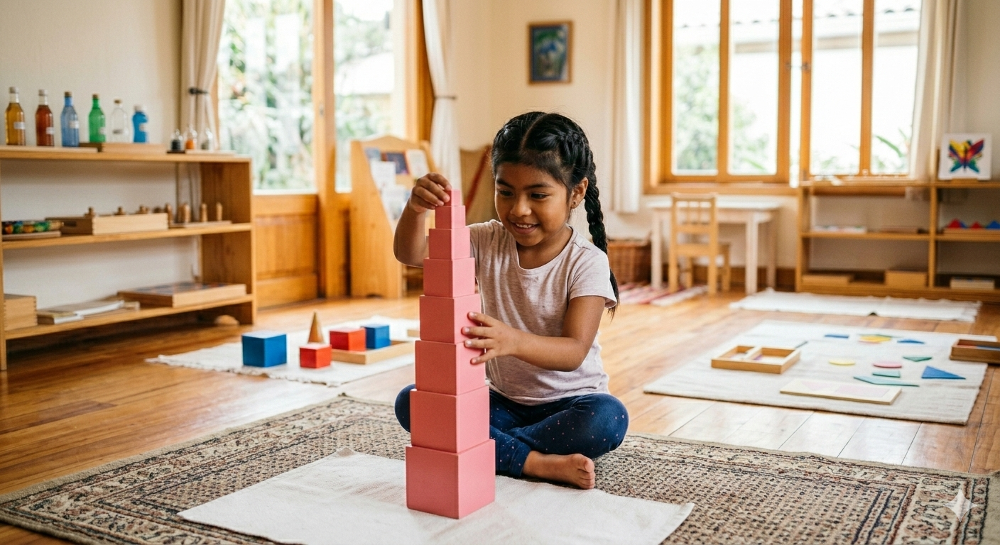 La torre rosa es un juego y un elemento educativo Montessori