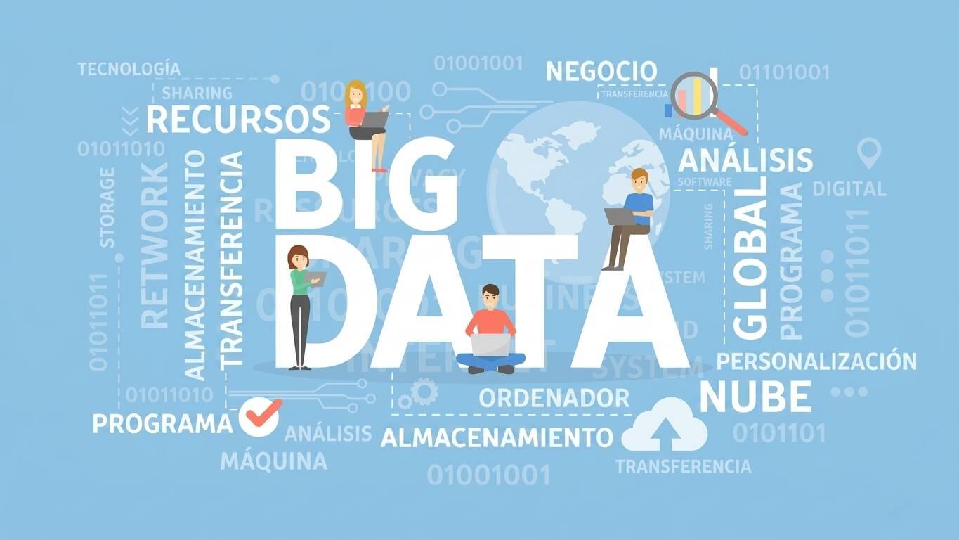 ilustracion con texto gigante BIG DATA y palabras respecto a esta ciencia alrededor con iconitos y personas con tablets y laptops.