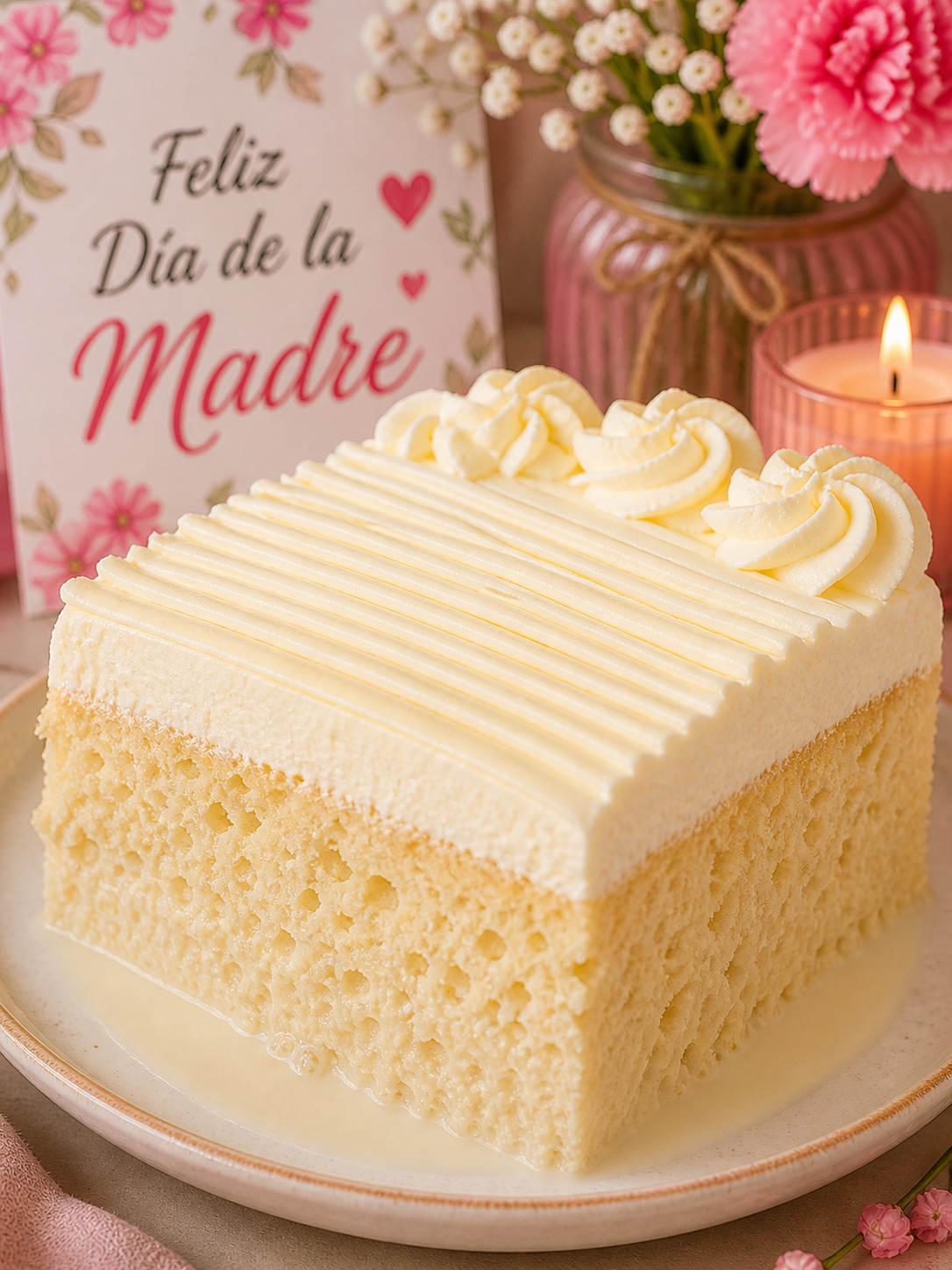 imagen de una porción de Bizcocho de vainilla tres leches con buttercream clásico