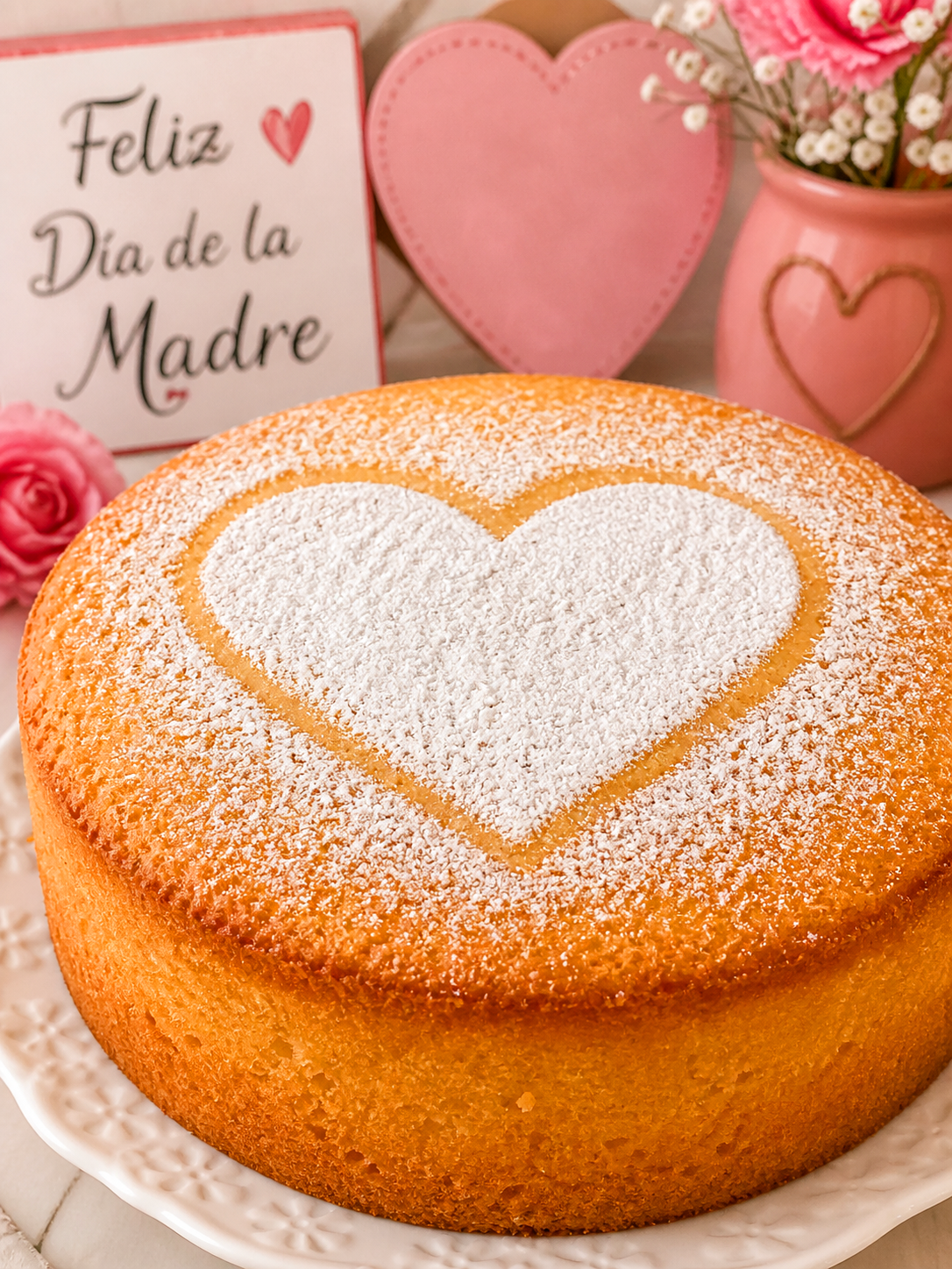 imagen de un Bizcocho de vainilla en mesa con decoraciones del día de la madre 