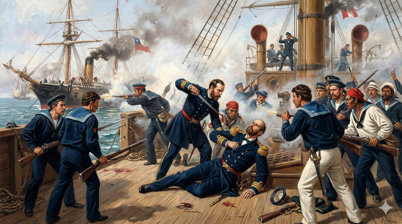 La muerte de Prat fue en la cubierta del Huáscar a mano del rifle de un marino peruano.