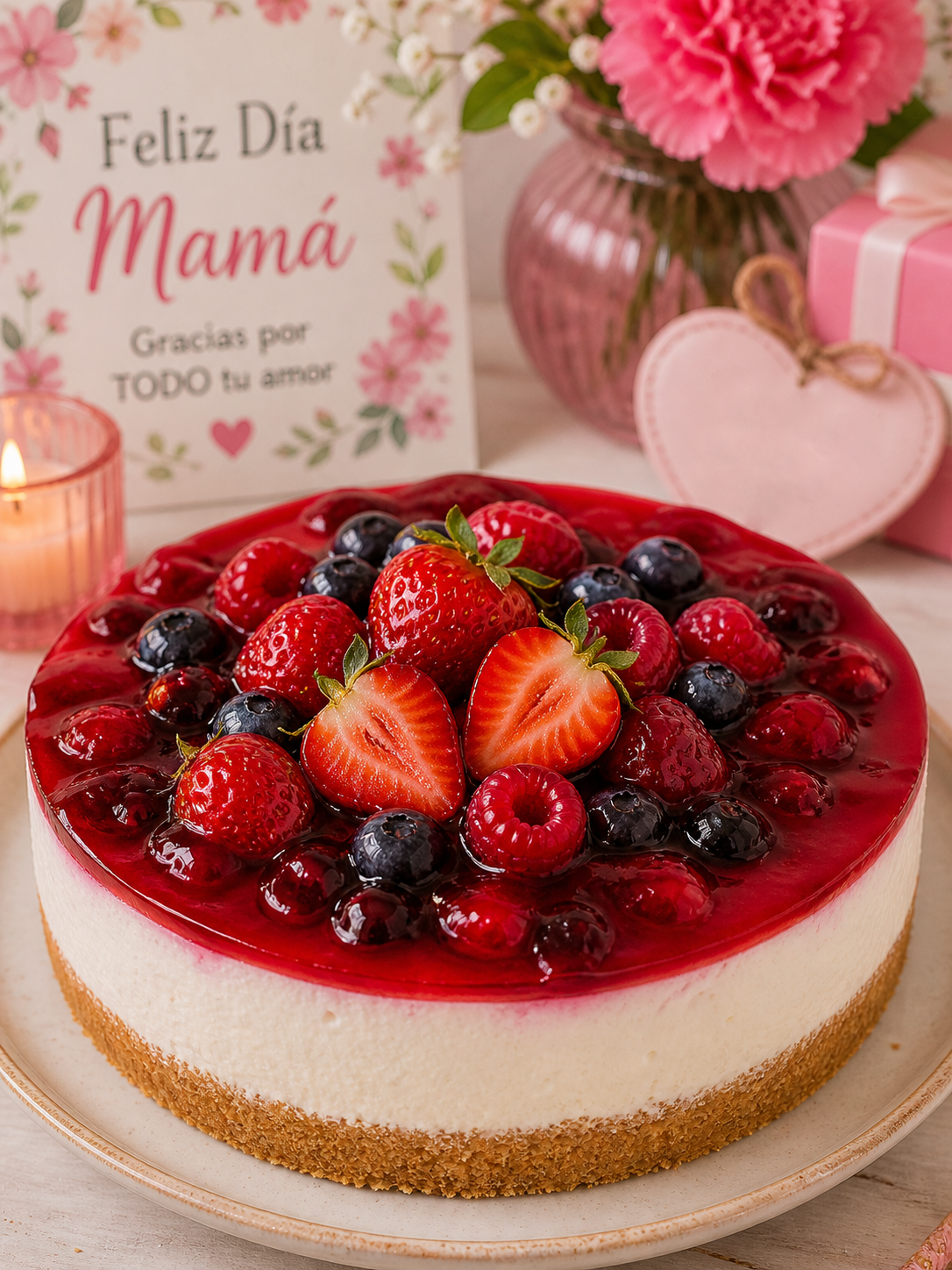 imagen de un Cheesecake de frutos rojos en mesa con decoraciones del día de la madre