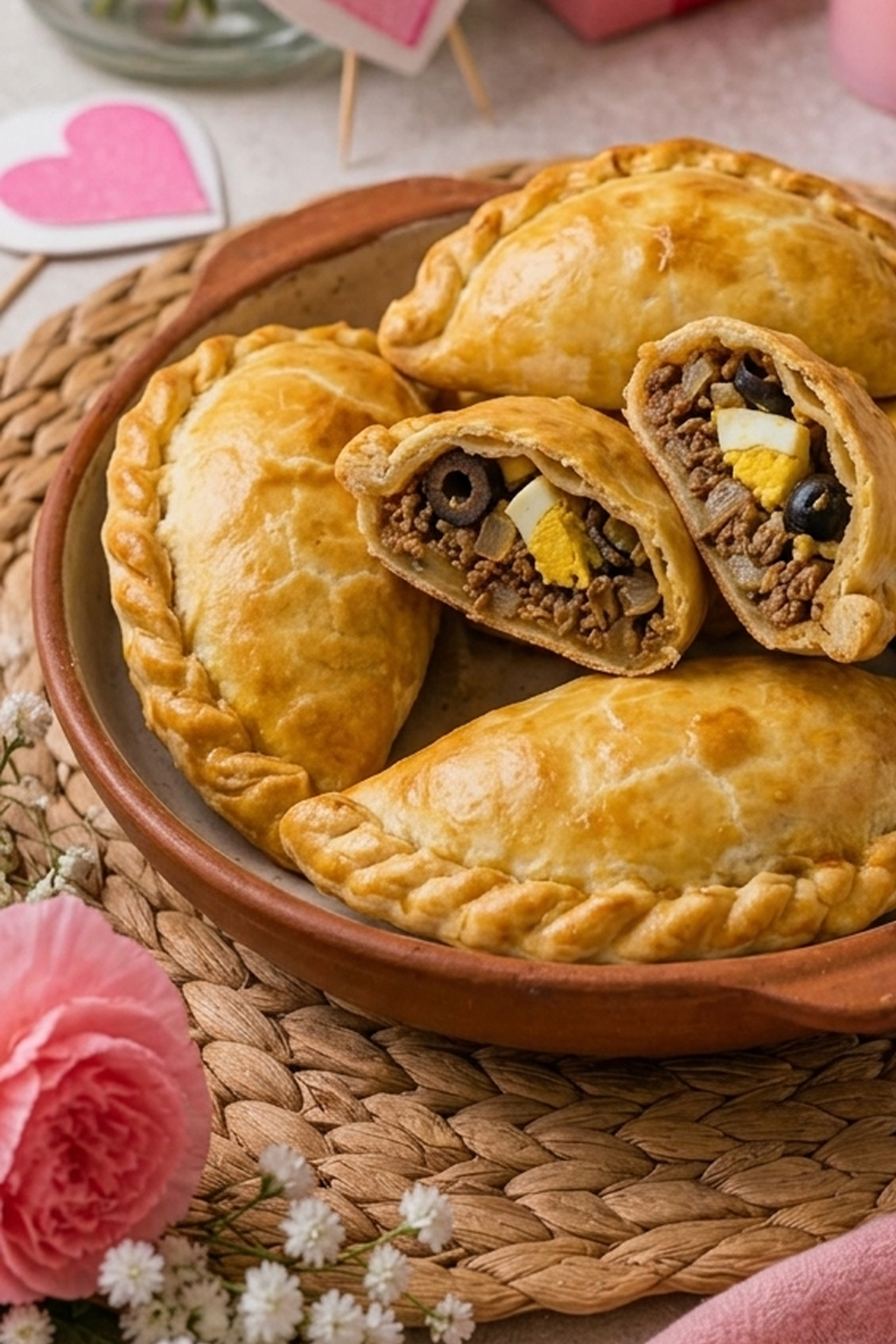 primer plano de las Empanadas de pino al horno en una mesa decorada por el día de la madre