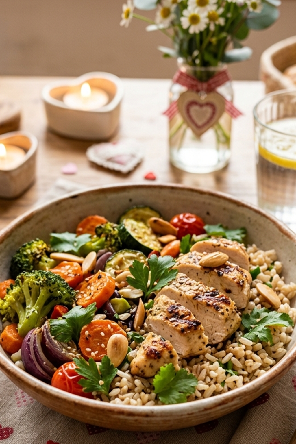 primer plano de Ensalada tibia de arroz con verduras y pollo en mesa decorada de dia de las madres