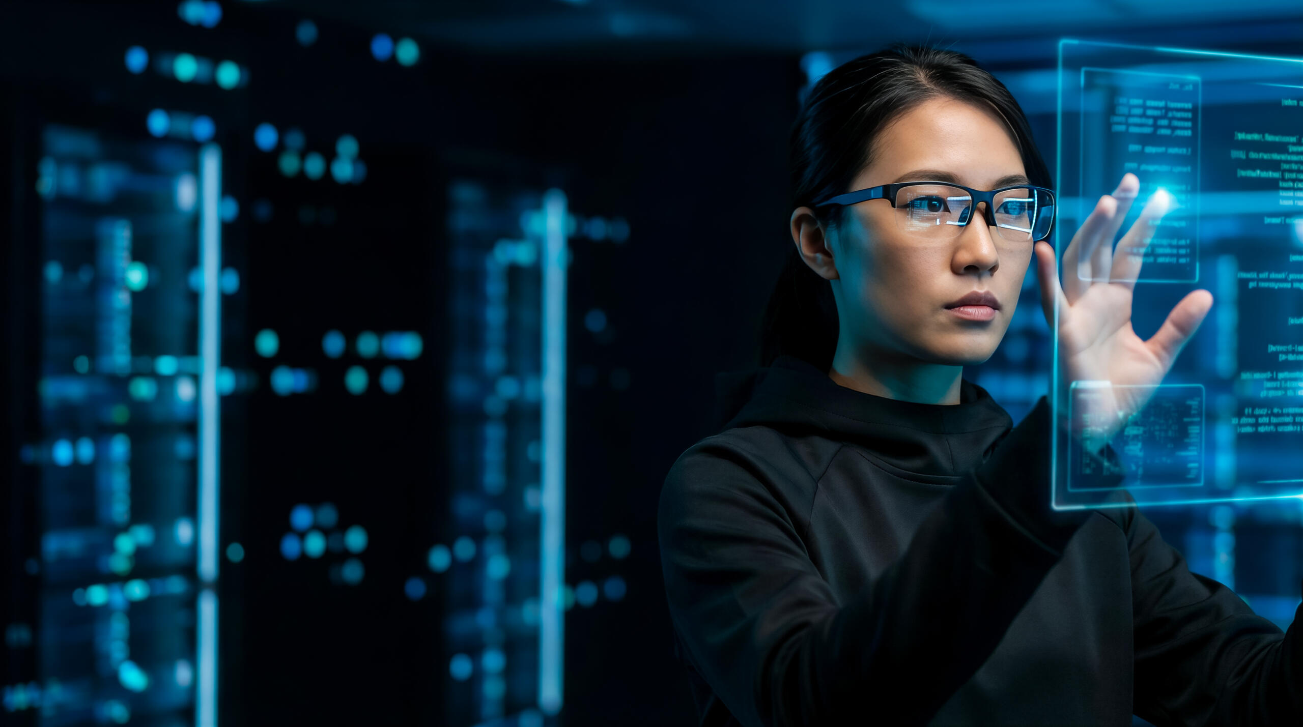 Chica analizando datos en una proyección de hologramas