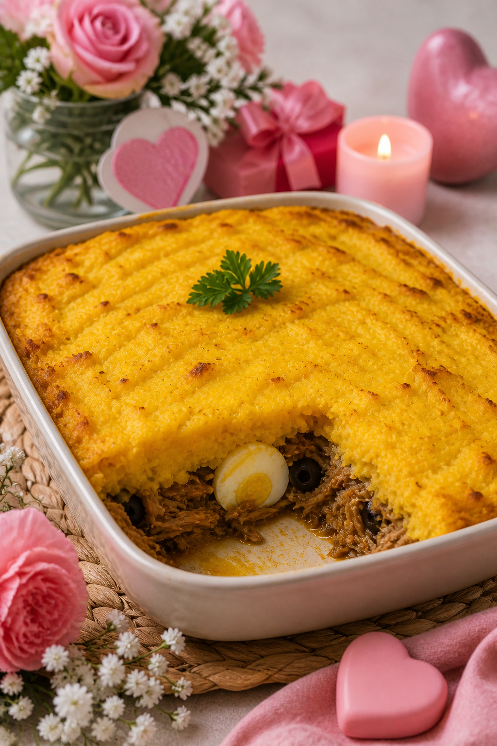 primer plano de un Pastel de choclo en una mesa decorada con rosas y corazones