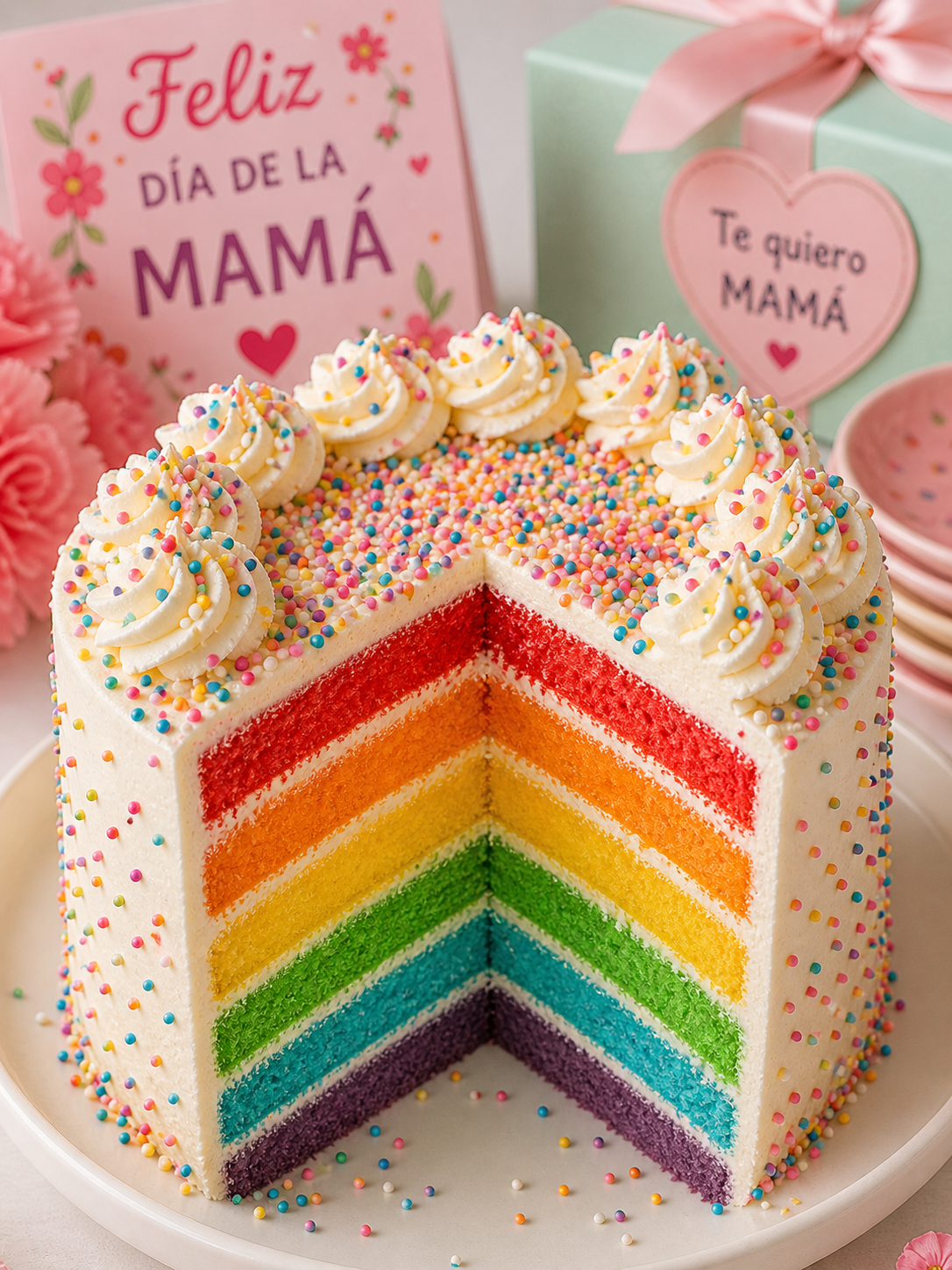 imagen de un pastel arcoíris con chantilly y grajeas de colores