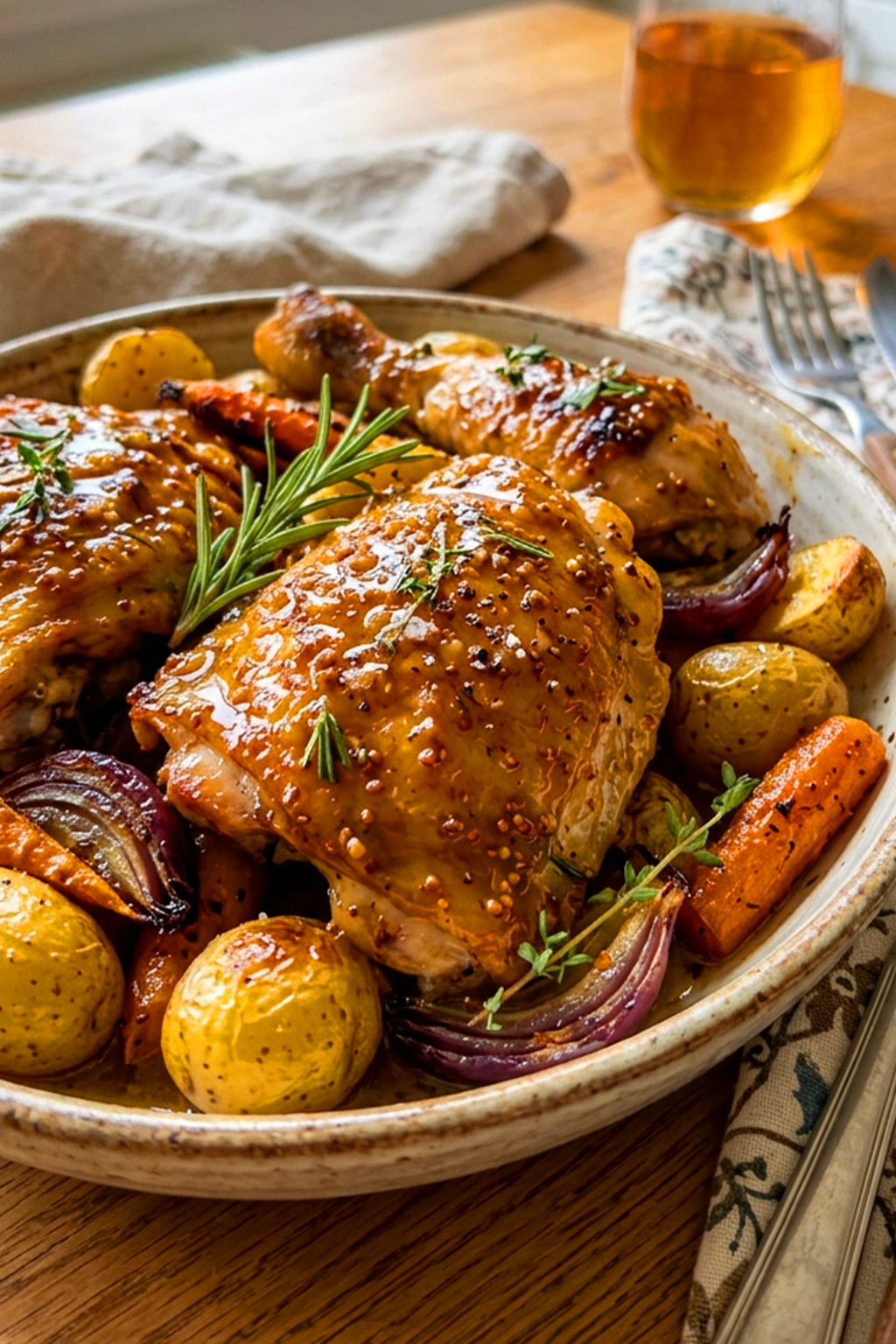 primer plano de Pollo al horno con salsa de mostaza y miel en mesa 