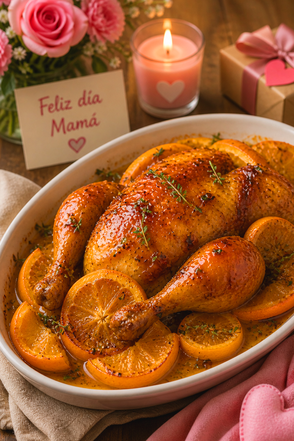 primer plano de un pollo glaseado con naranja en una mesa decorada por el día de la madre