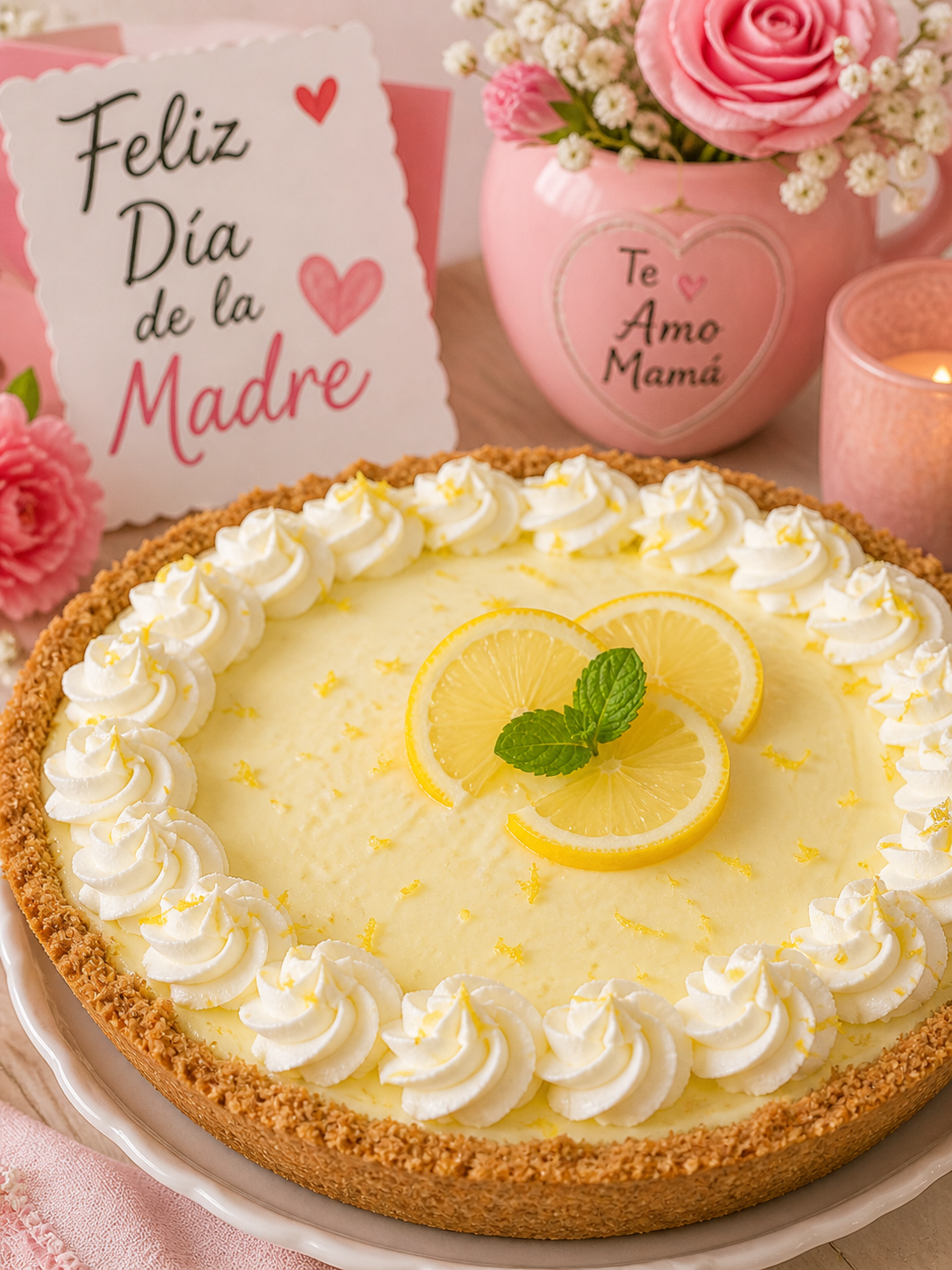 imagen de una Tarta de limón en mesa con decoraciones del día de la madre