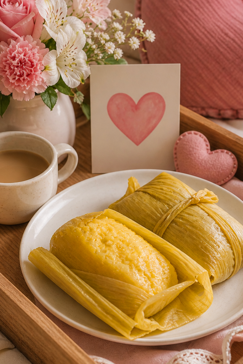 primer plano de humitas chilenas en una bandeja de cama con decoración por el día de la madre