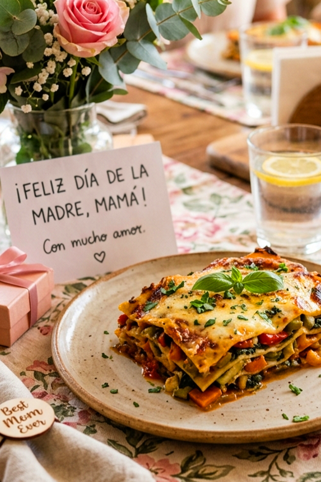 primer plano de lasaña vegetariana en una mesa decorada por el día de la madre