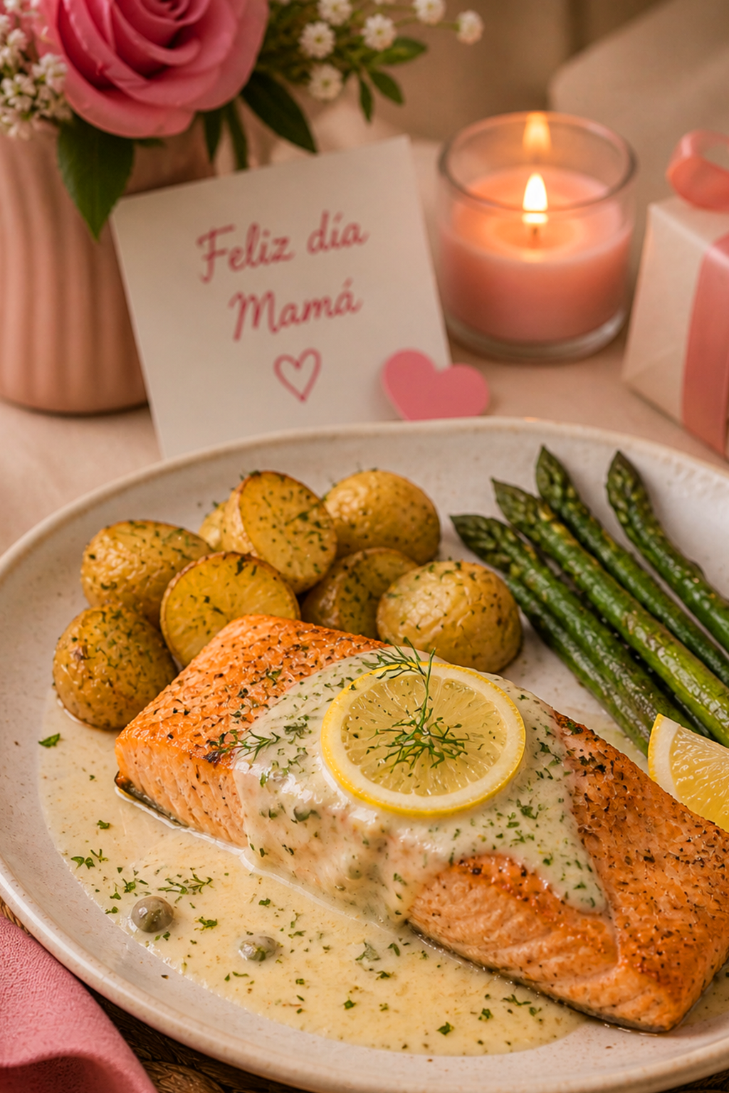 primer plano de un salmón con salsa de limón y crema en una mesa decorada por el día de la madre