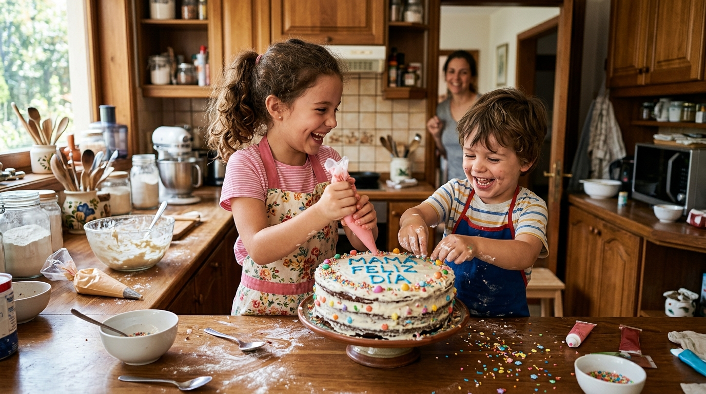 Dos niños felices cocinando un pastel que dice MAMÁ, FELIZ DÍA en la barra de una cocina y la madre está detrás de ellos observándolos con una sonrisa.