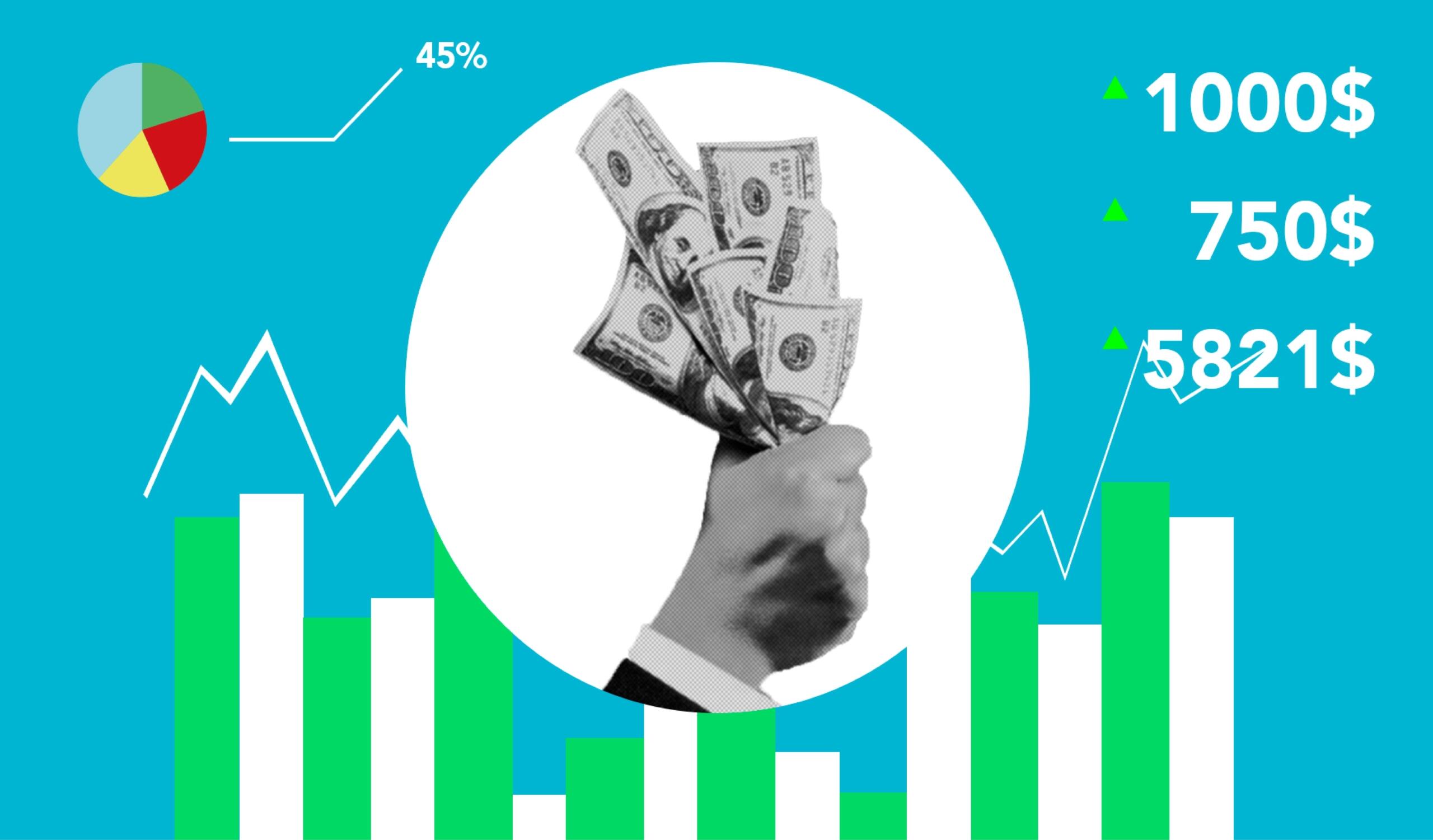 infografía de mano sosteniendo billetes en blanco y negro con barras de estadísticas y gráficos con operaciones de crecimiento