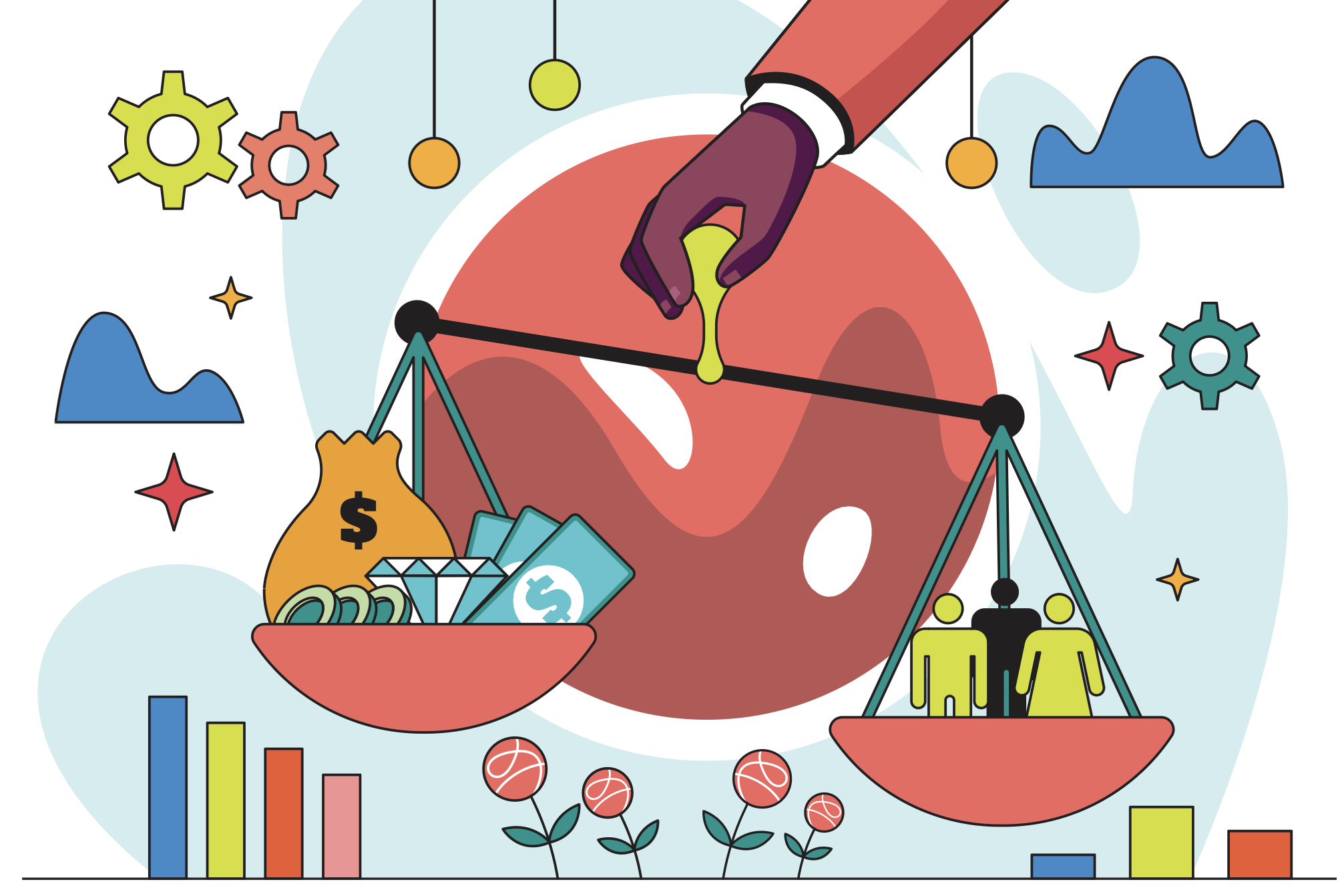 ilustración de la economía con una mano sosteniendo una balanza con iconografía con dinero en un lado y personas en el otro.
