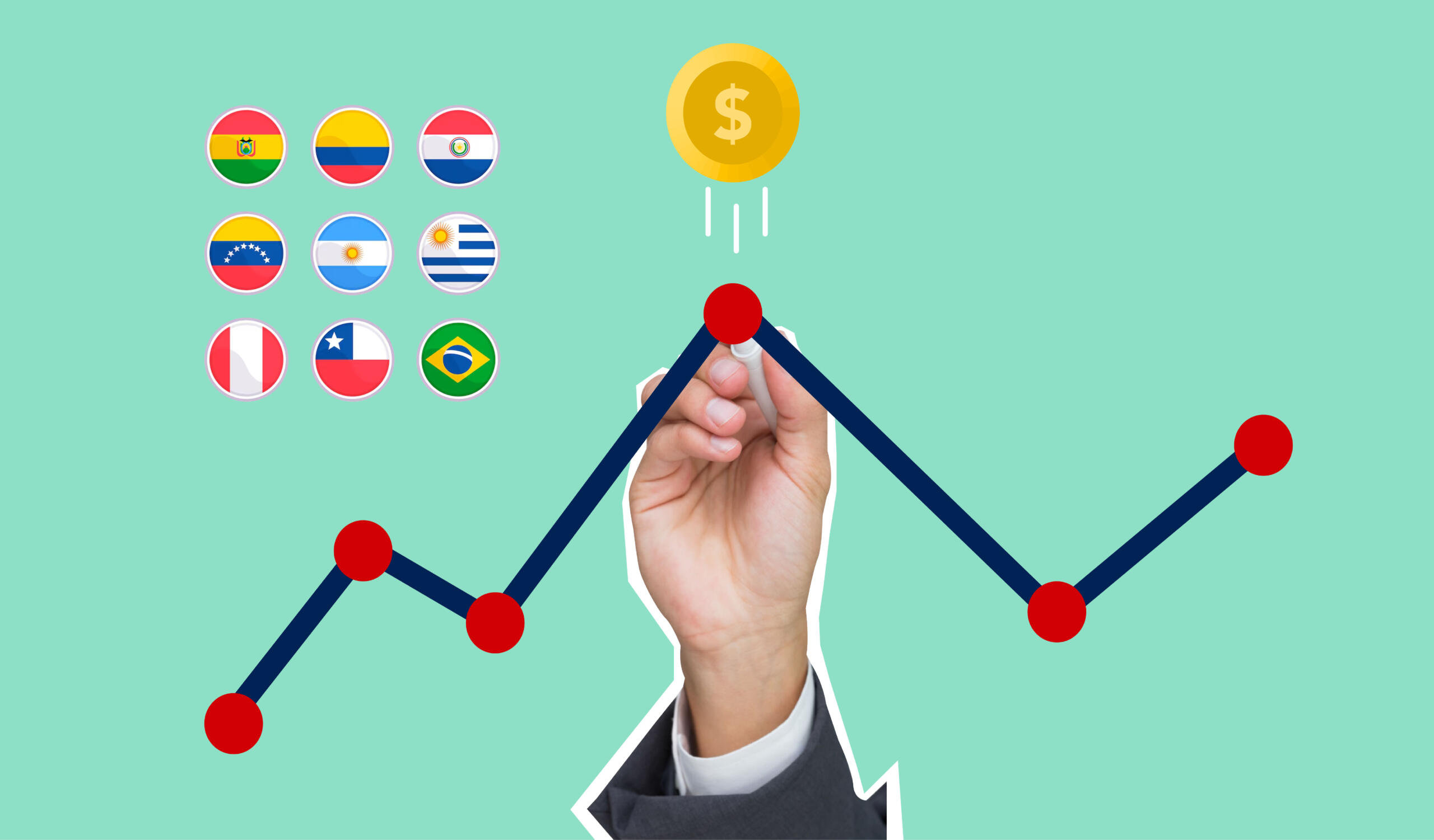 mano trazando una linea evolutiva con icono de monedita junto a banderitas de 9 paises latinoamericanos