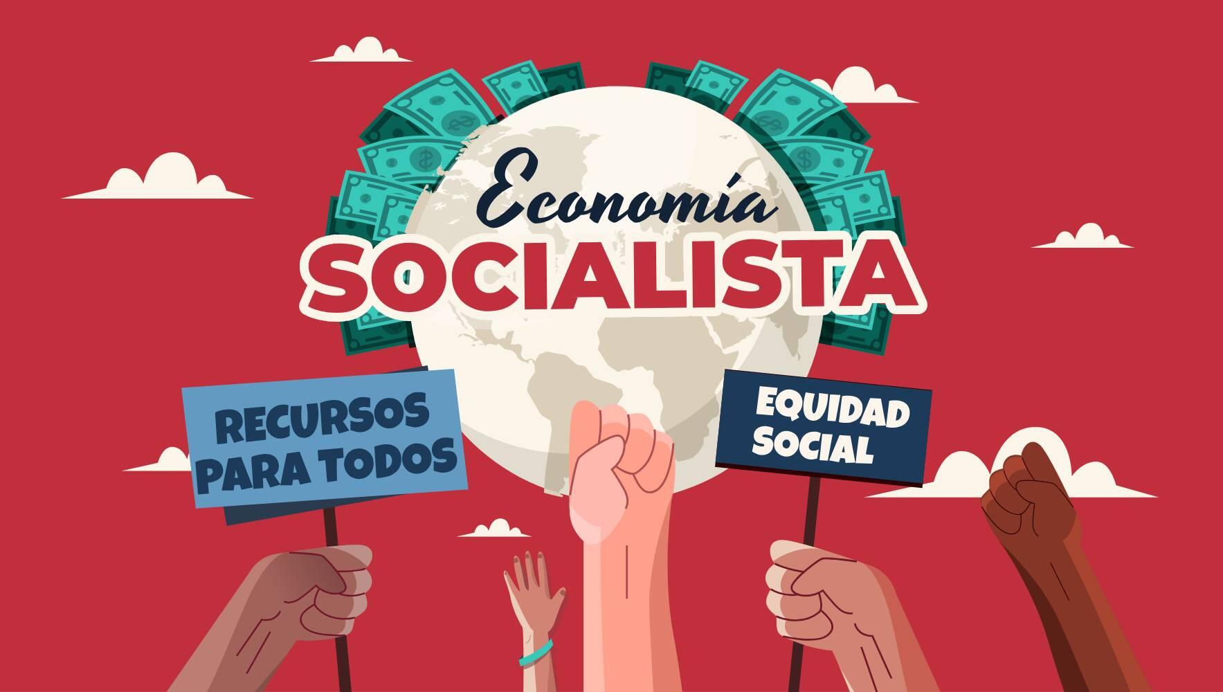Ilustración de unas manos alzadas en lucha sosteniendo carteles con letras que dicen Economía socialista, recursos para todos y equidad social