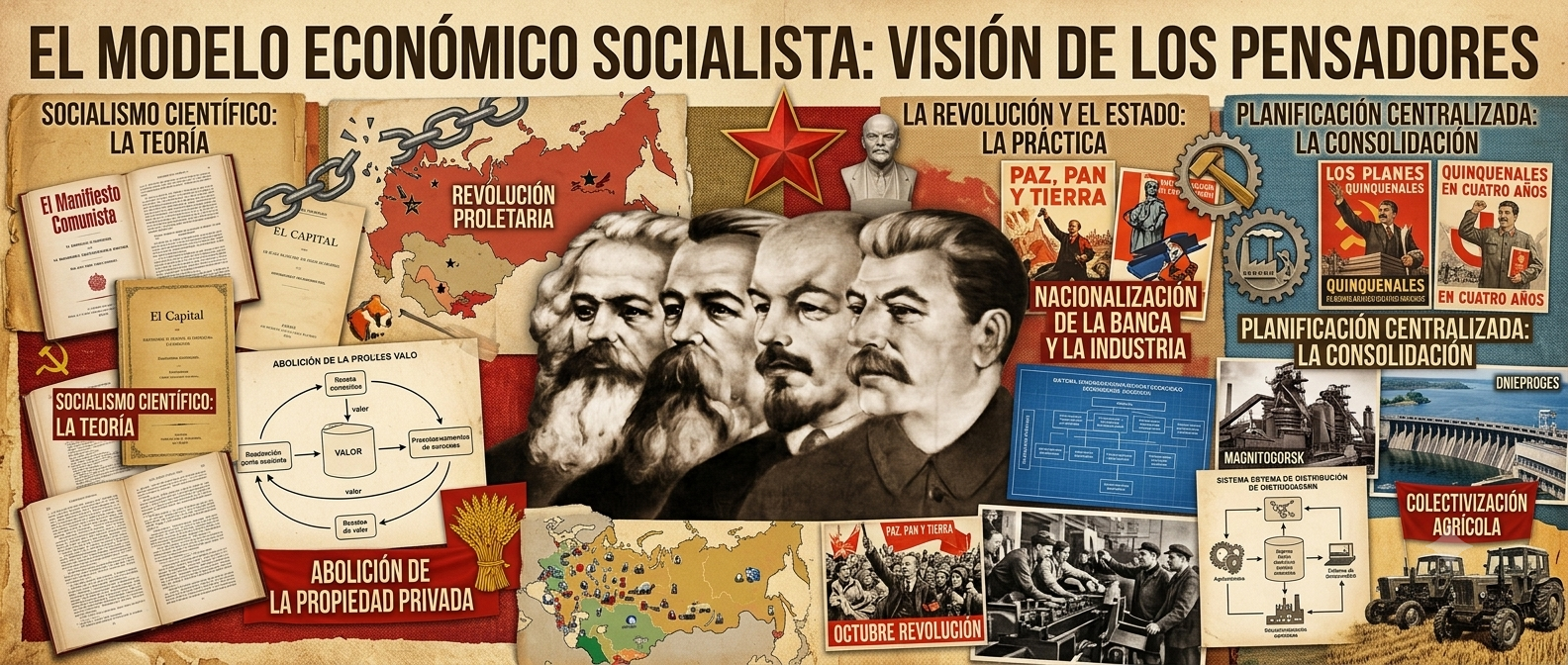 collage del modelo socialista con vista de sus pensadores más importantes y hechos históricos representativos