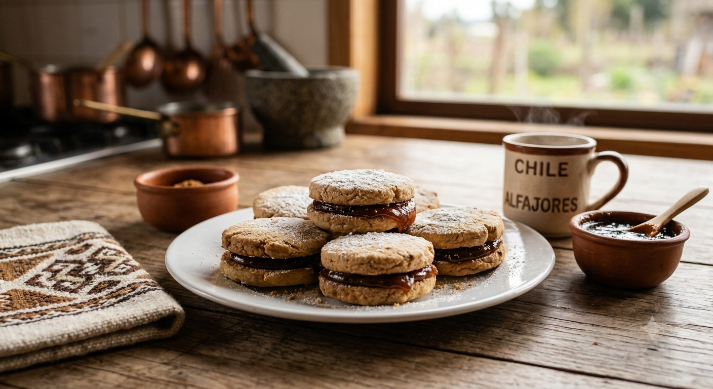Alfajores chilenos rellenos de chancaca y decorados con azúcar flor