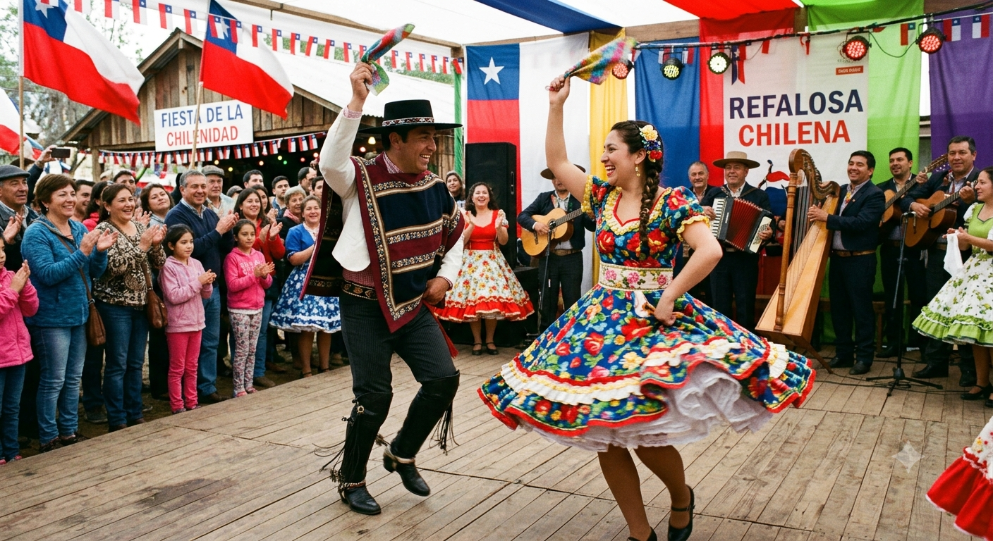 Pareja bailando la refalosa, danza tradicional de la zona central de Chile.