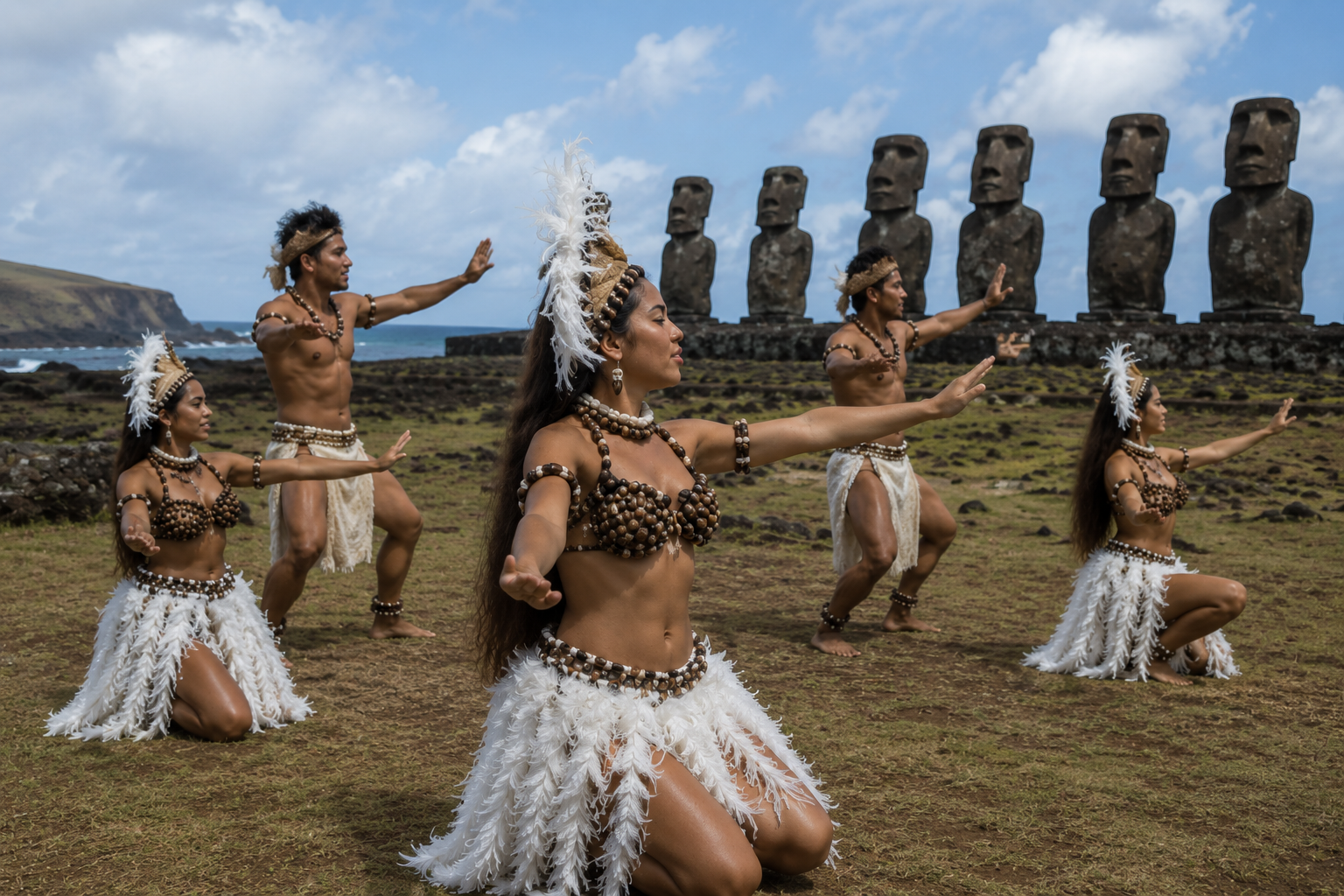Pareja interpretando el baile sau sau tradicional de Rapa Nui.