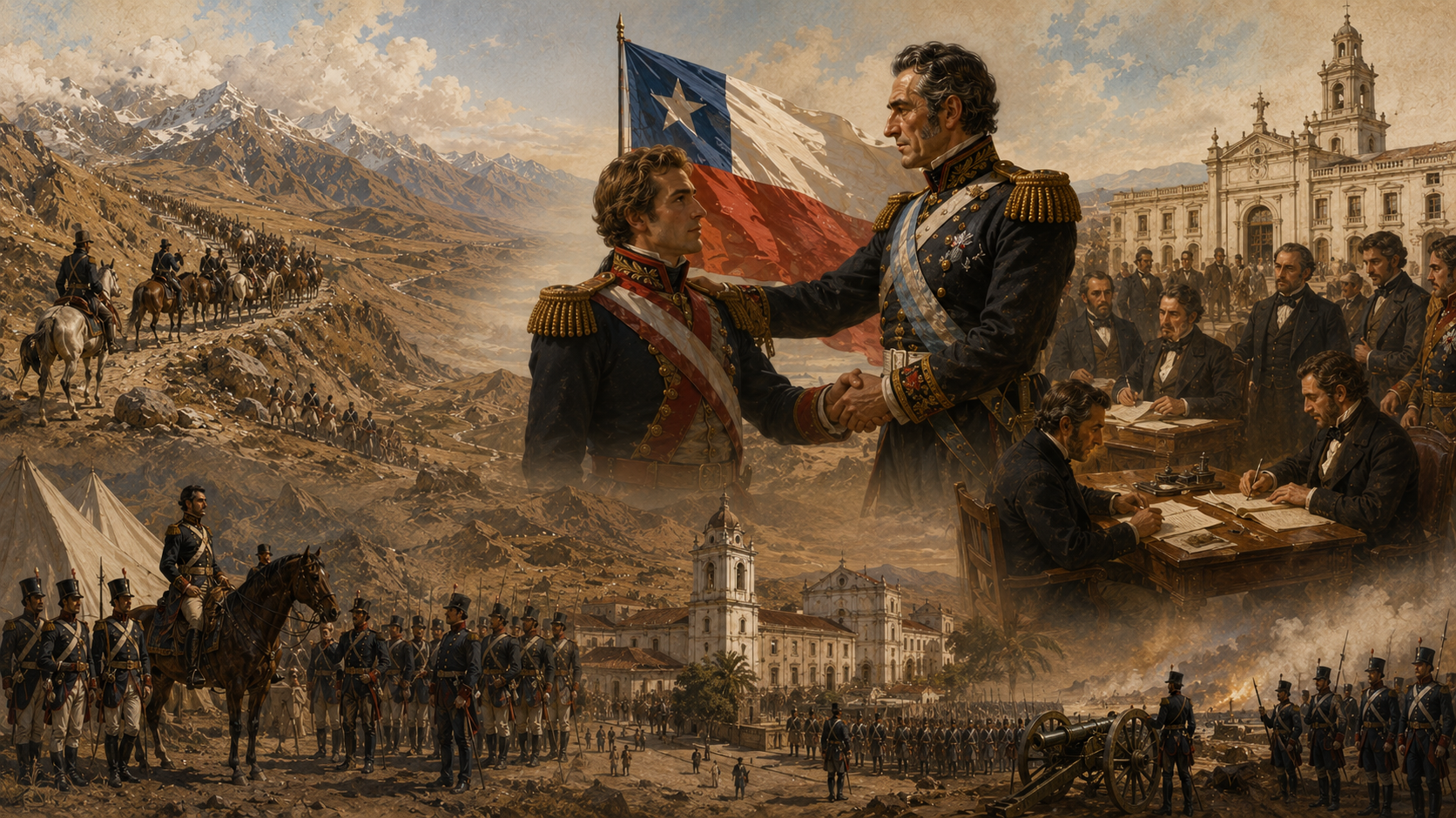 Collage sobre la Batalla de Chacabuco y el proceso de independencia de Chile.