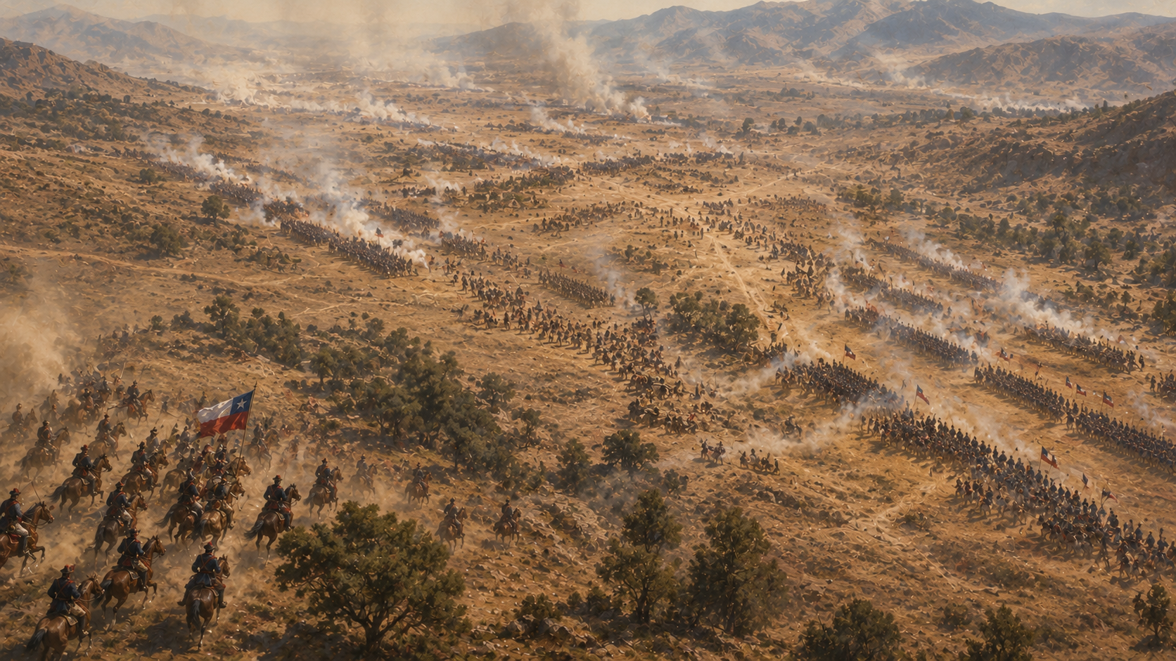 Vista aérea ilustrada del Ejército de los Andes durante la Batalla de Chacabuco.