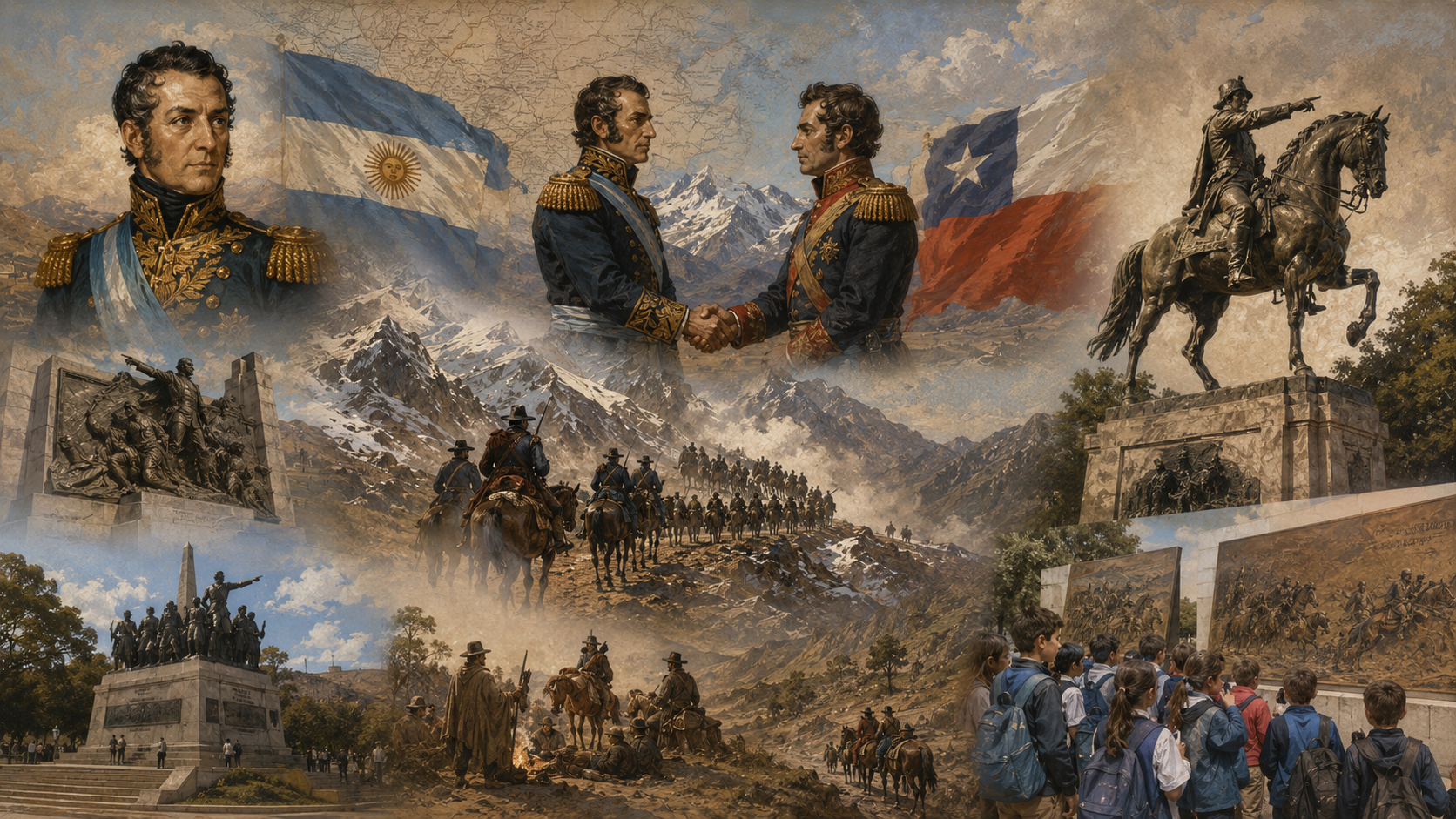 Collage ilustrado del Cruce de los Andes liderado por José de San Martín durante la campaña libertadora.