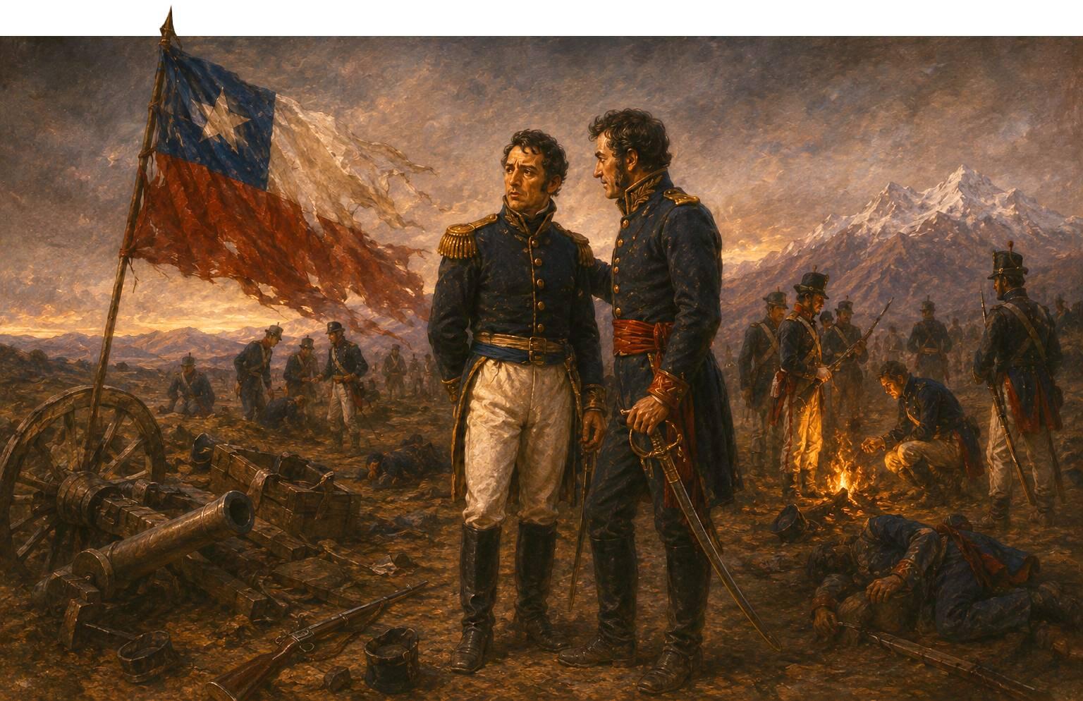 Collage con José de San Martín, Juan Gregorio de Las Heras, la cordillera y una representación del campo de batalla de Cancha Rayada.