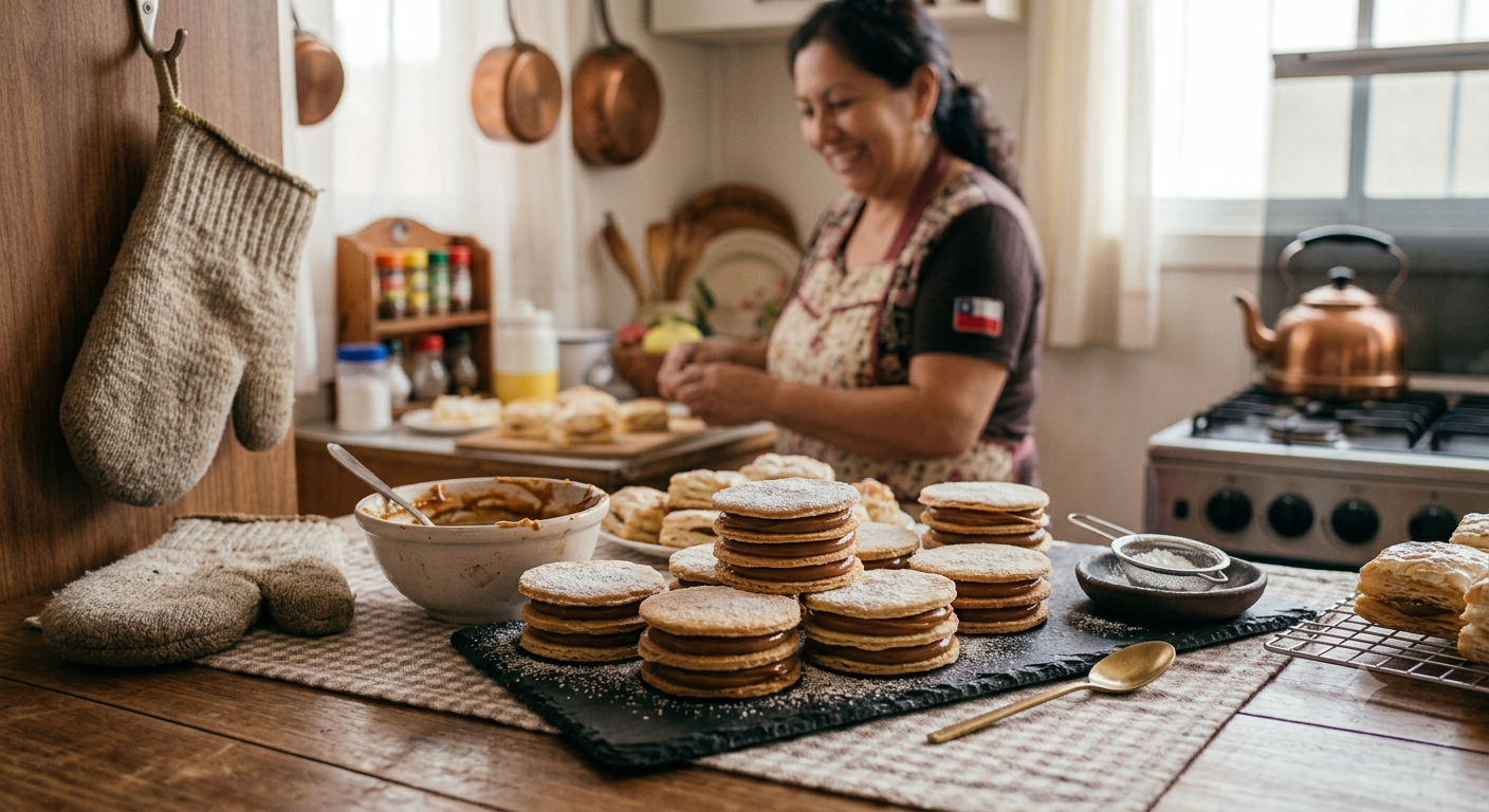 Chilenitos tradicionales cubiertos con azúcar flor sobre una bandeja.