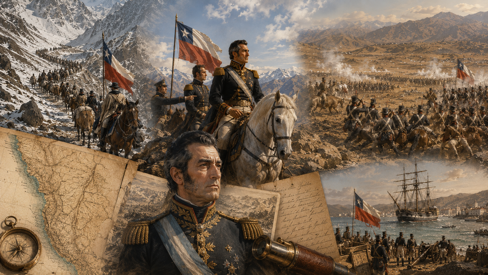 Collage con mapas, documentos históricos y representaciones de las campañas militares de José de San Martín.
